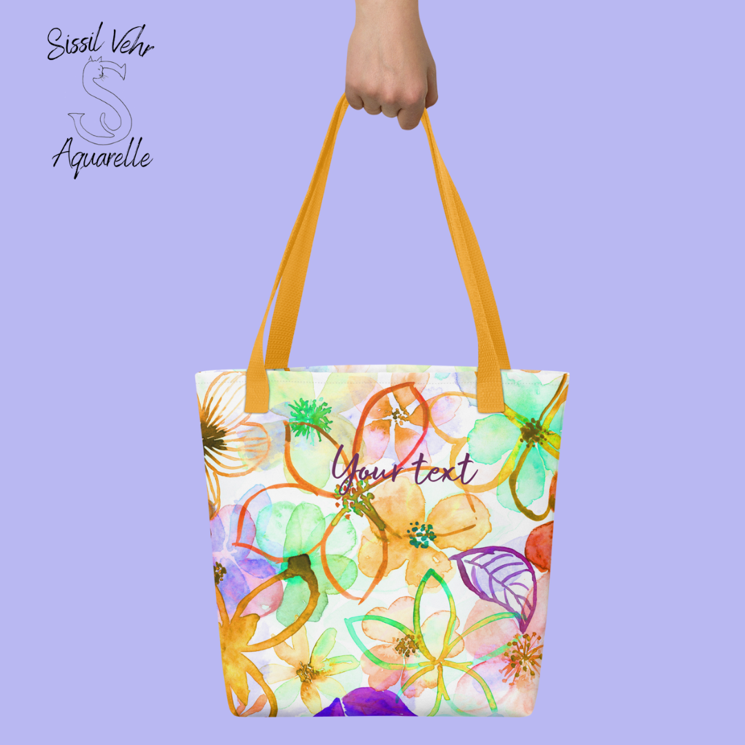 Sac de plage personnalisé grande taille, en polyester - Décor fleurs peintes à l'aquarelle palette orange vert