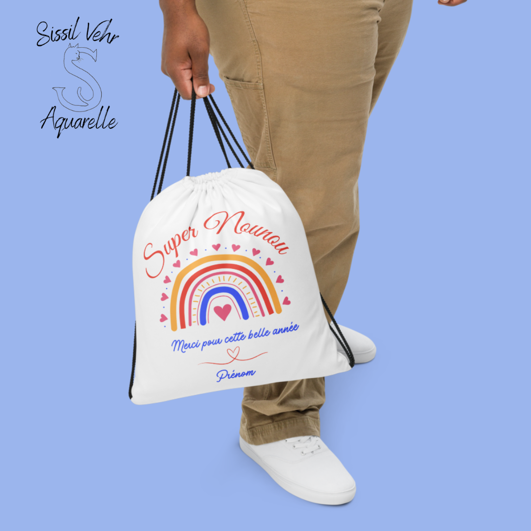 Sac à cordon Nounou Personnalisable/ Super nounou/ cadeau nounou Rainbow /Pochon nounou personnalisé/cadeau nounou