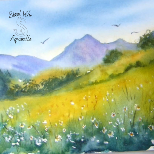 Cours Aquarelle Paysage de Montagne Fleurie, Technique du Mouillé et de l'Humide pour peindre la lumière, Sissil Vehr.