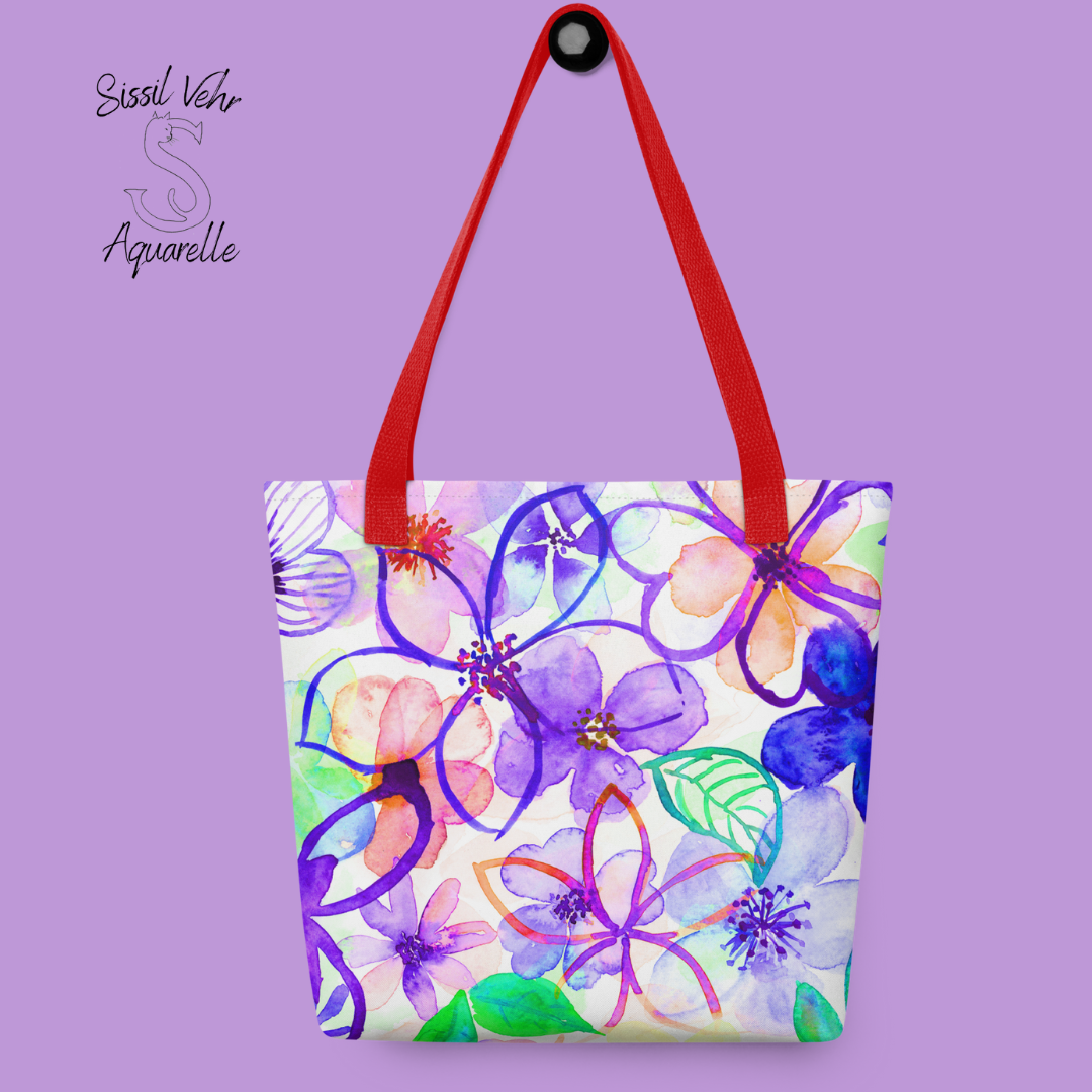 Sac de plage personnalisé /tote bag large,  en polyester - Décor fleurs peintes à l'aquarelle palette violet - rose