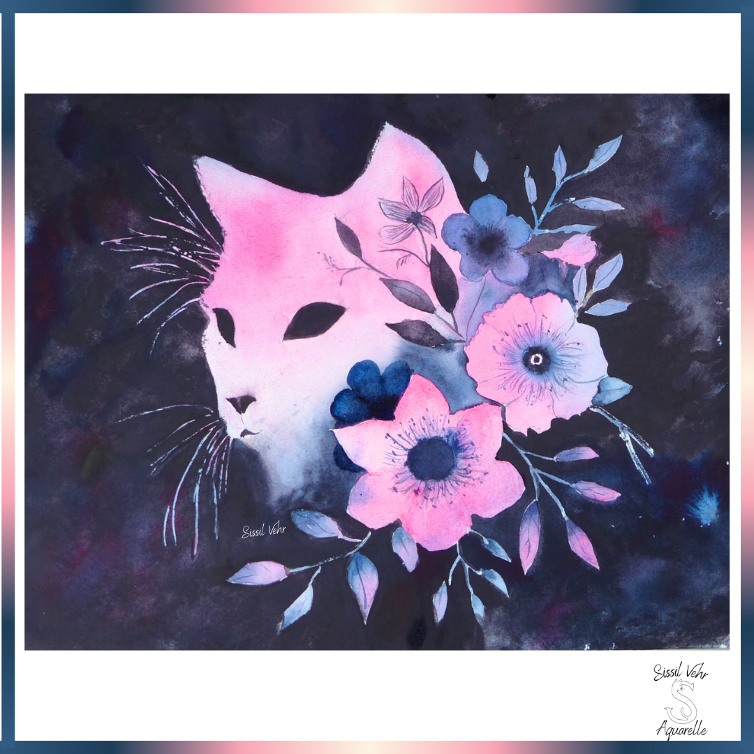 Cours aquarelle pas à pas Aquarelle - Chat floral | Vidéo et PDF Personnalisés et téléchargeables