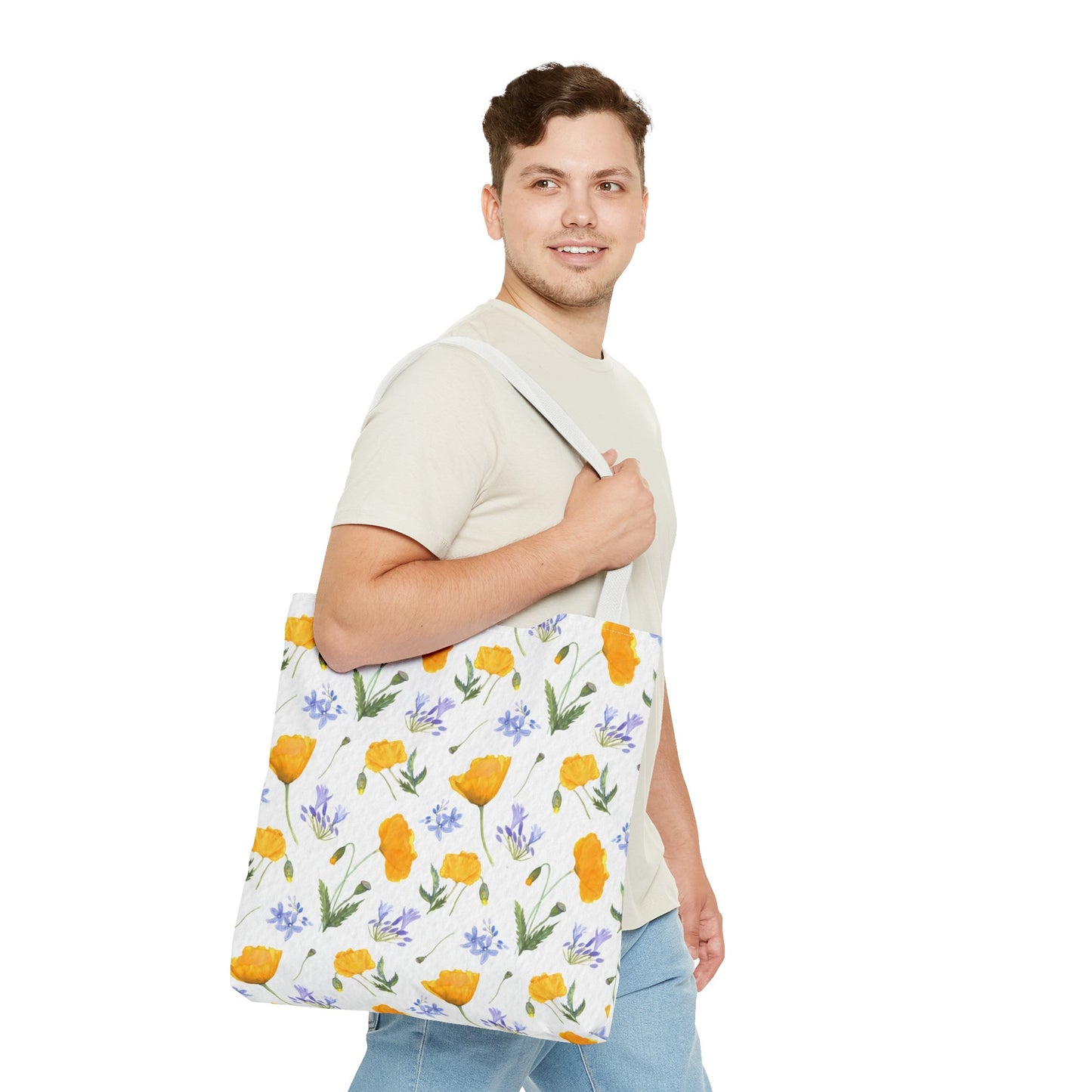 Pretty tote bag / Tote bag with California poppy flower pattern and watercolor agapanthus