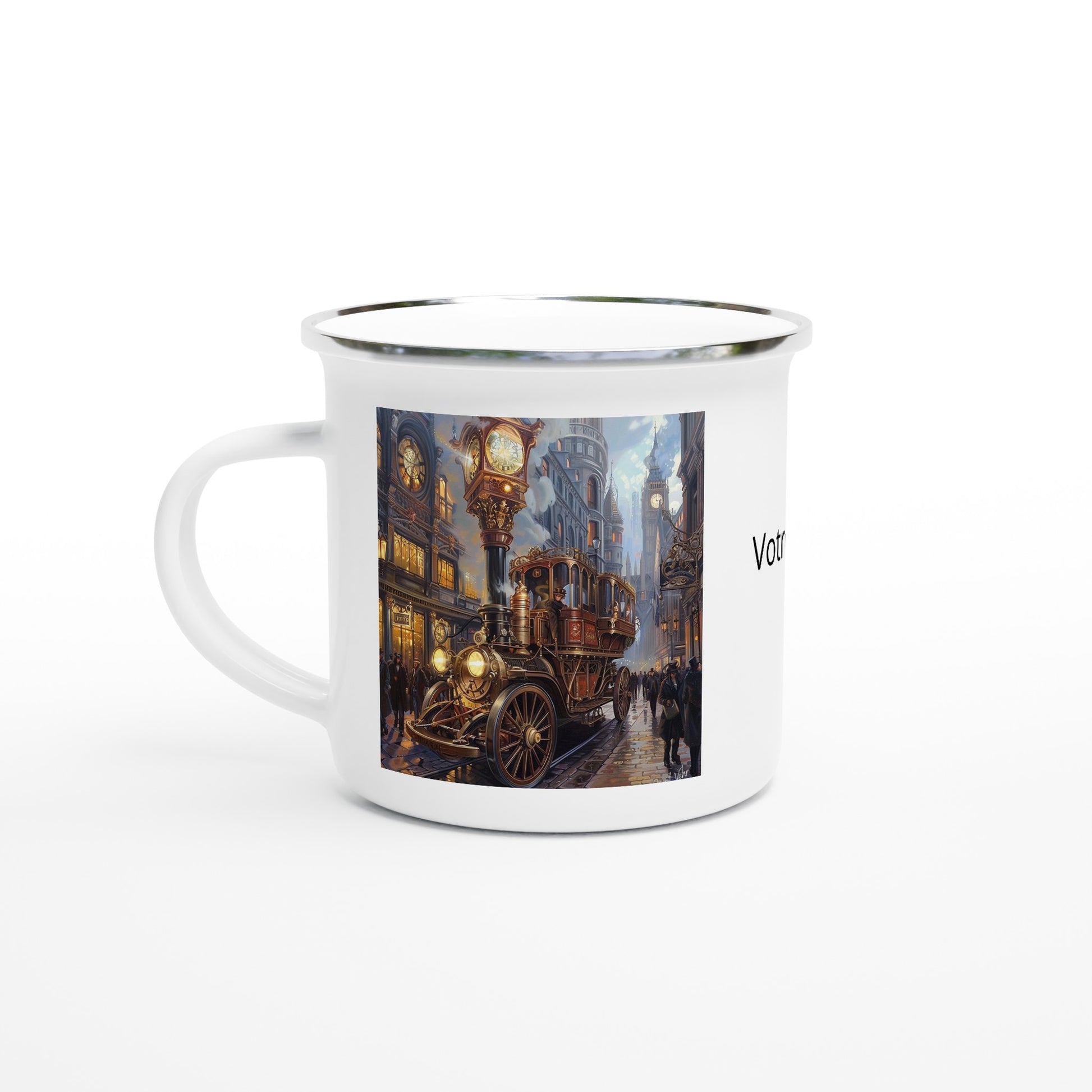 mug camping steampunk avec un véhicule steampunk  et des motifs victoriennes dans les rues de londres  à l époque victorienne. Personnalisable