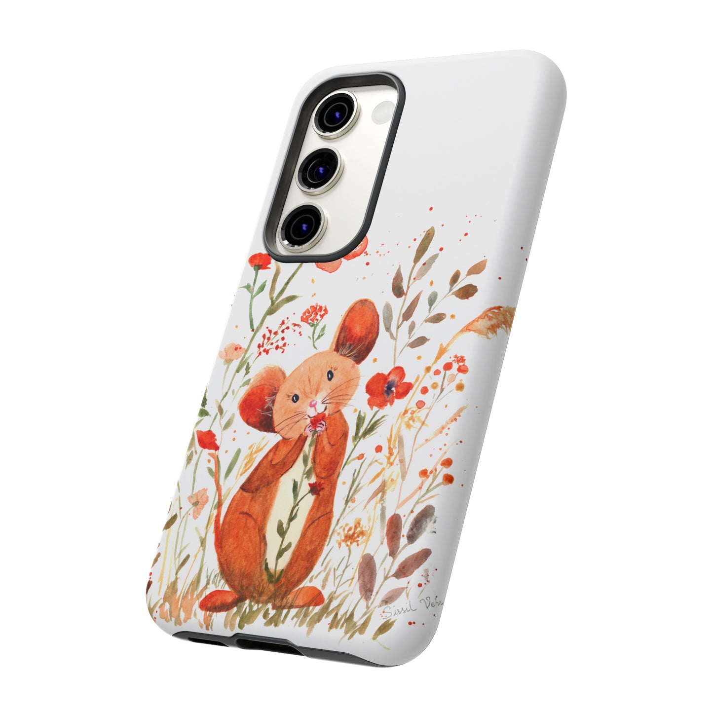 Coque téléphone robuste et résistante aux chocs  : Petite souris au milieu de fleurs