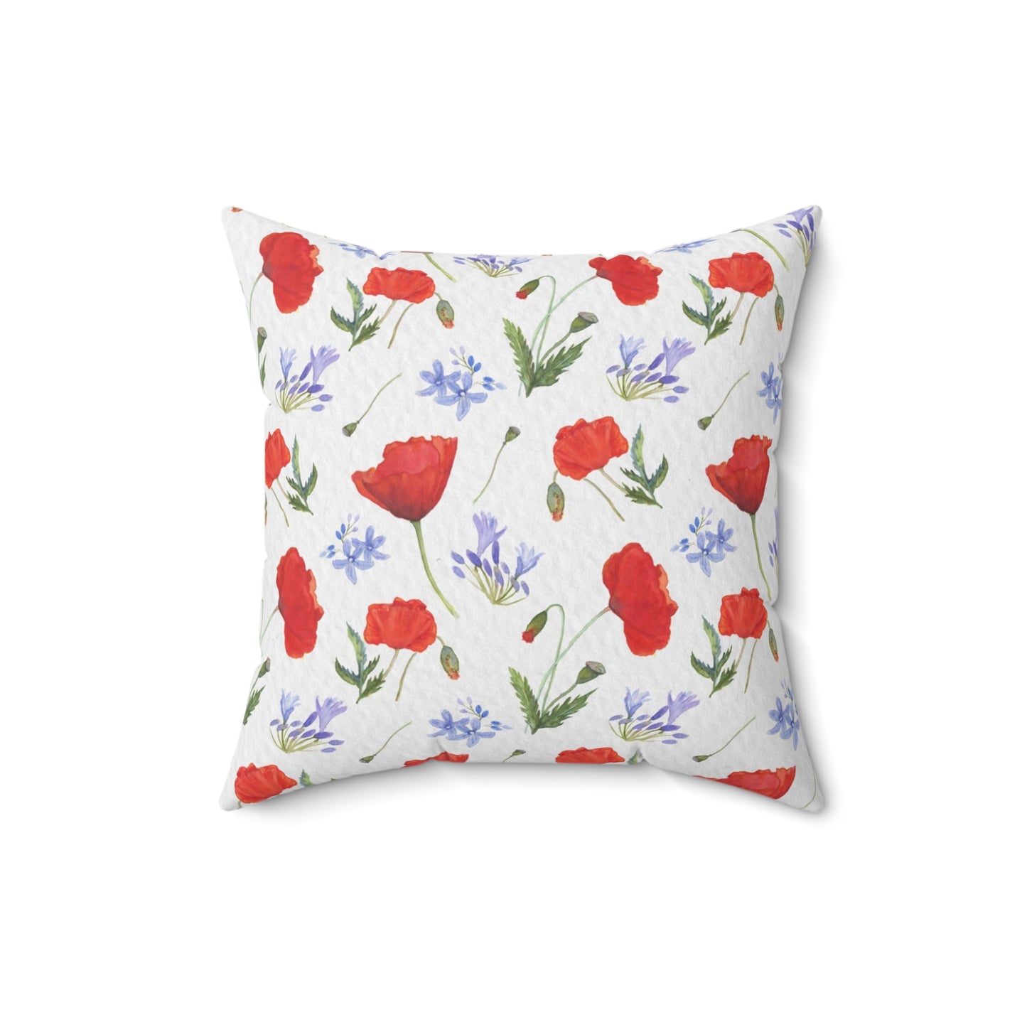 Square pillow with floral pattern Poppies and agapanthus in watercolor