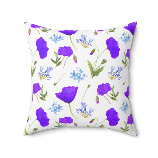 Square pillow with floral pattern California poppies and agapanthus in watercolor