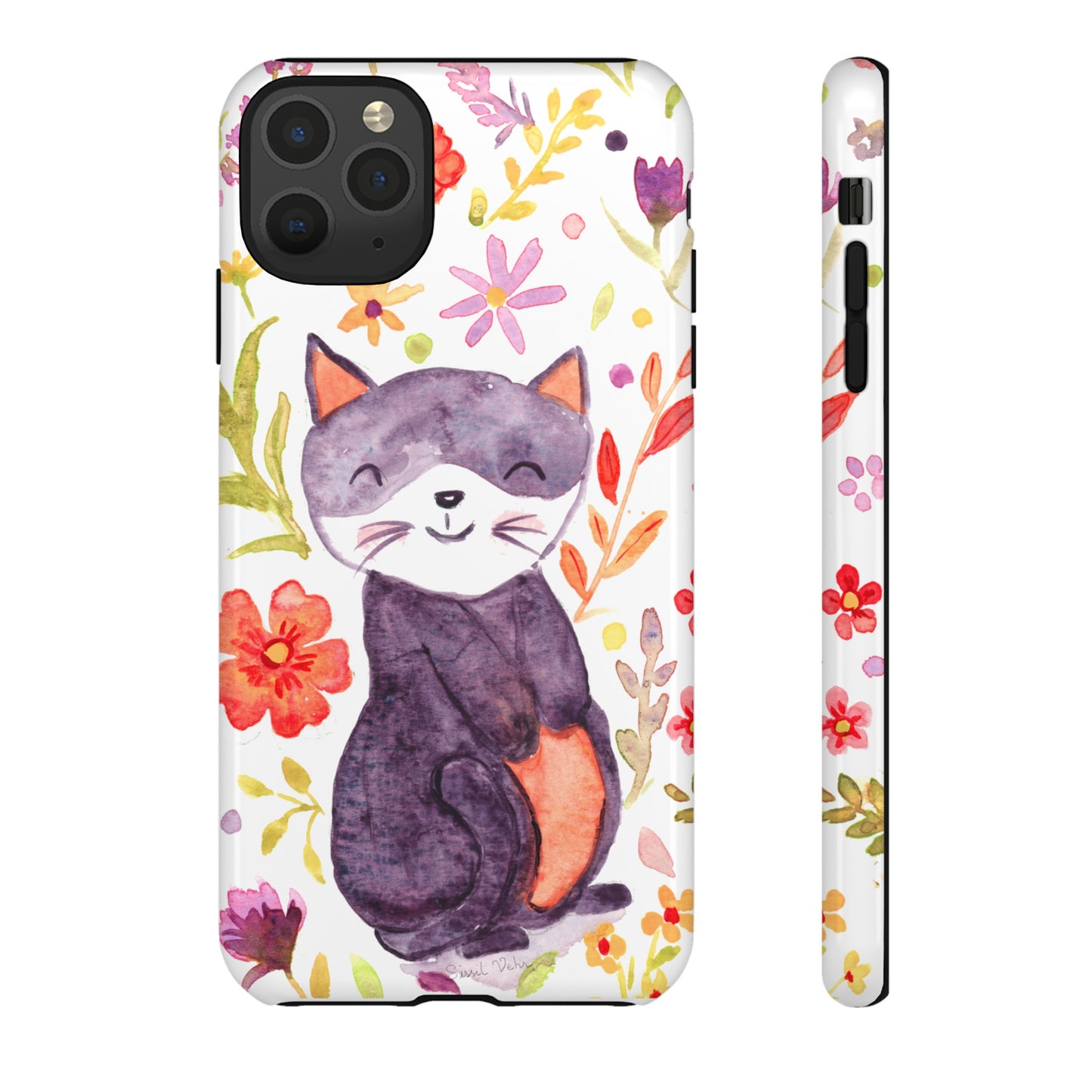 Robust and shock-resistant phone case Watercolor: Floral cat