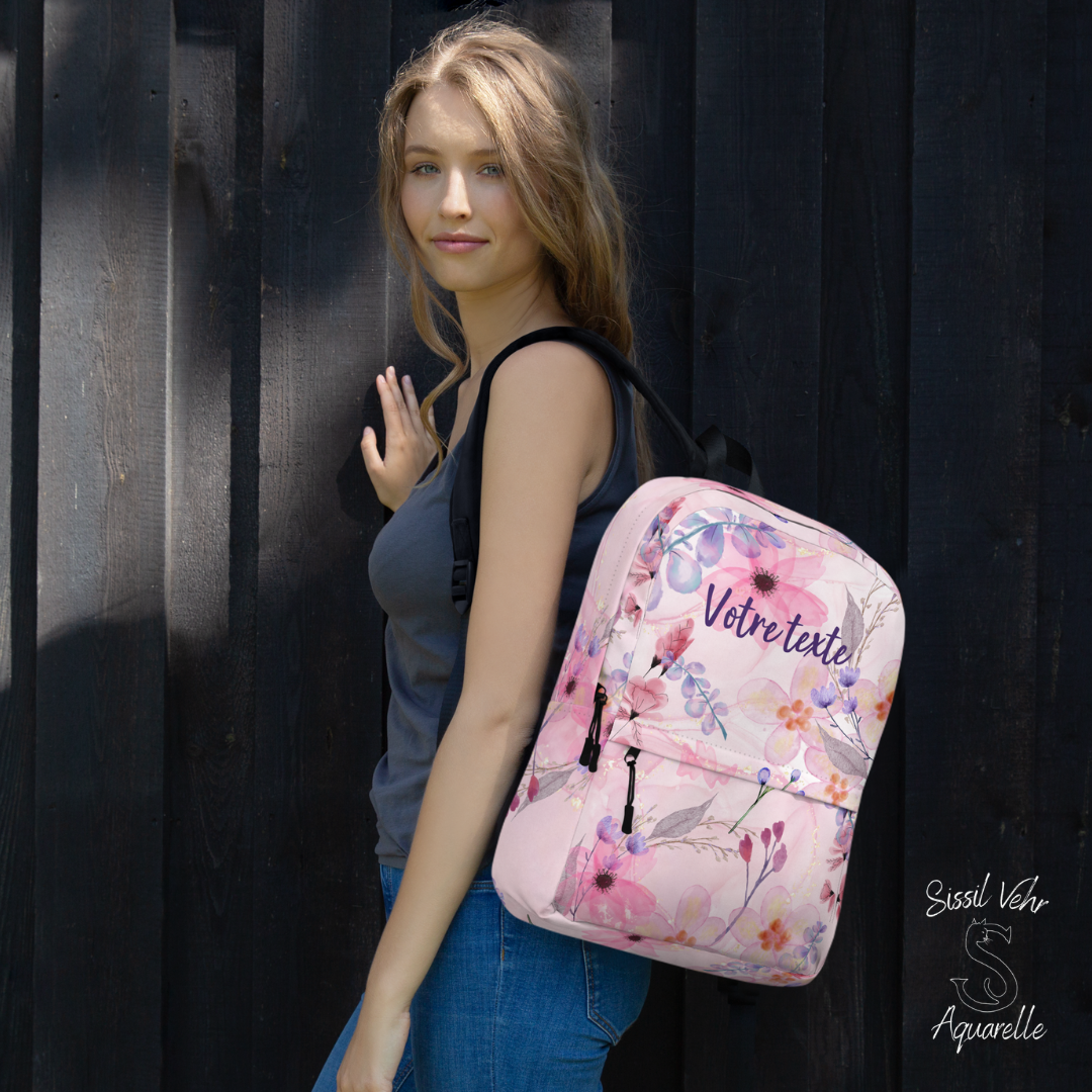 Sac à Dos Personnalisé pour Enfant et Adolescent - Motif Fleurs Aquarelle, Résistant à l'Eau, Prénom Personnalisé