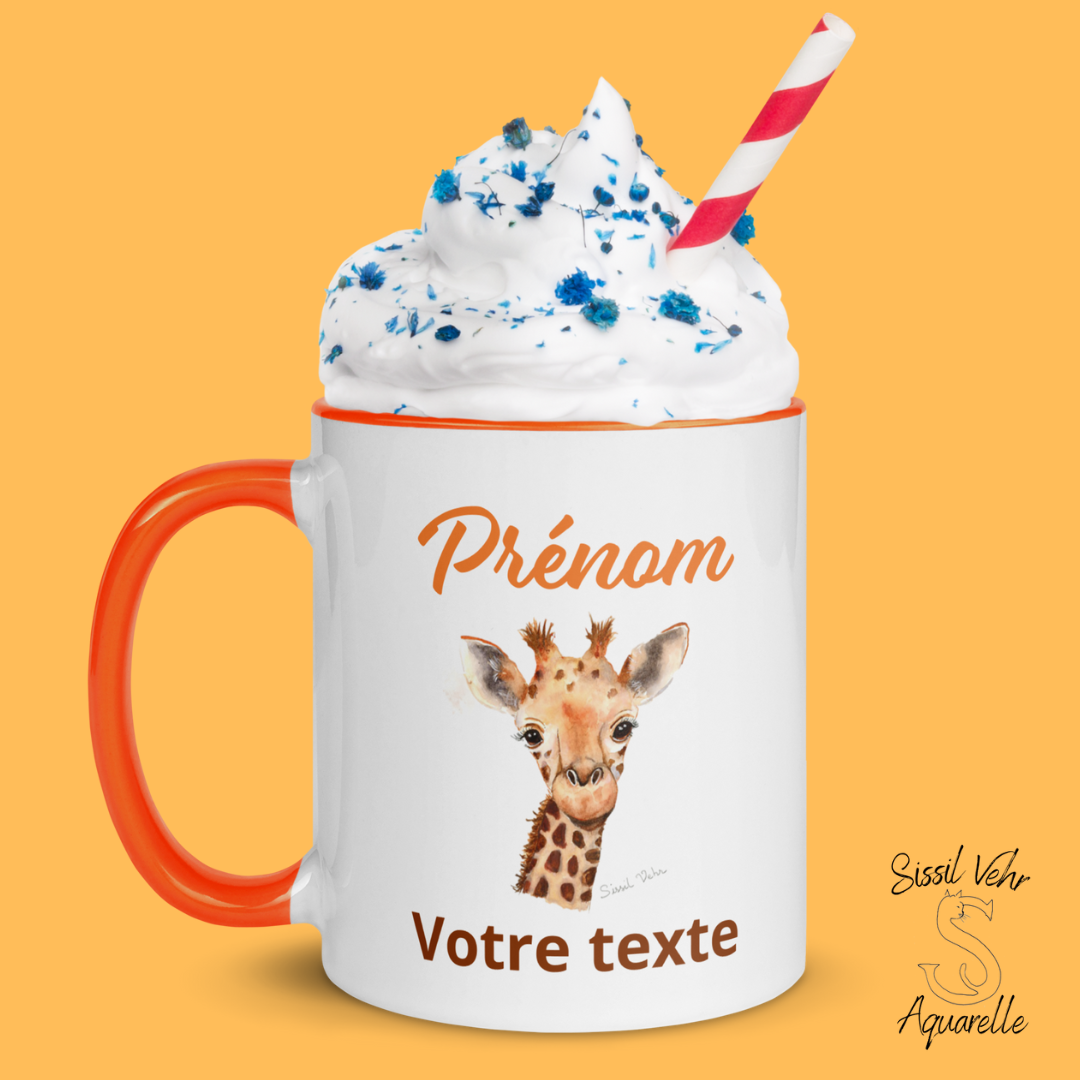 Mug en céramique personnalisé avec girafe peinte à l'aquarelle - Poignée et intérieur colorés - Idéal pour enfant