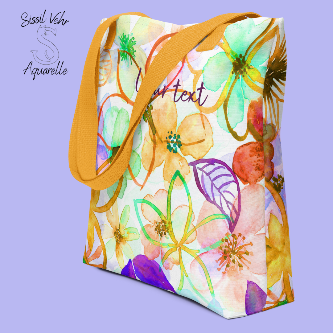 Sac de plage personnalisé grande taille, en polyester - Décor fleurs peintes à l'aquarelle palette orange vert