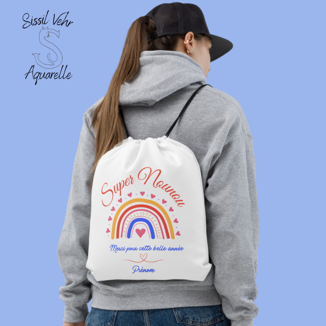 Sac à cordon Nounou Personnalisable/ Super nounou/ cadeau nounou Rainbow /Pochon nounou personnalisé/cadeau nounou