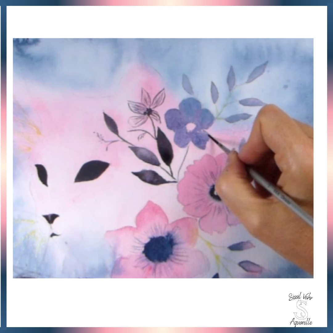 Cours aquarelle pas à pas Aquarelle - Chat floral | Vidéo et PDF Personnalisés et téléchargeables