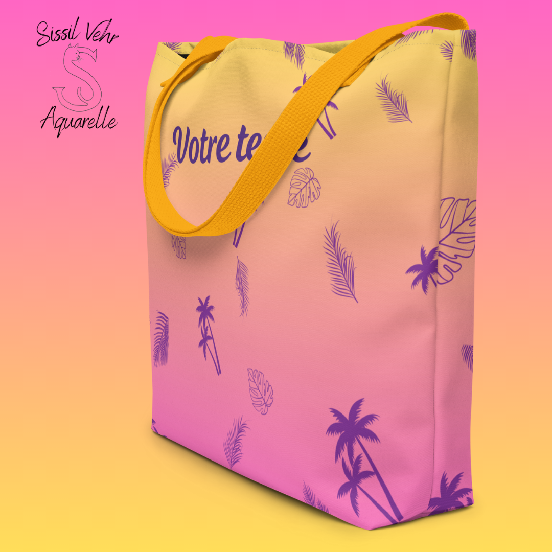 Sac de Plage / Tote Bag Personnalisé - Imprimé Tropical avec Texte au Choix - 1 ou 2 Faces