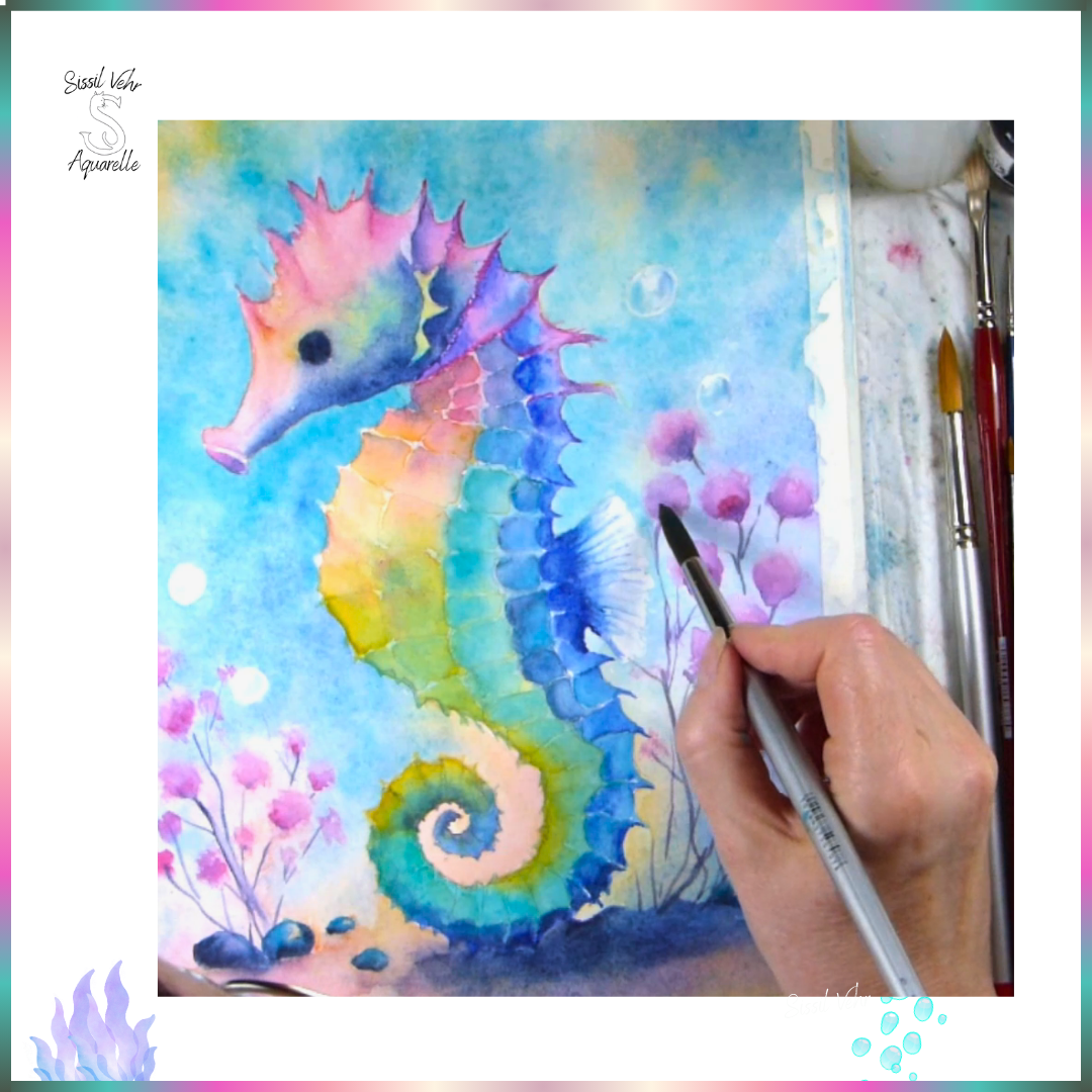 Cours Aquarelle Vidéo Téléchargeable : Peinture d’un Hippocampe Coloré | 4h47mn de Tutoriel + PDF