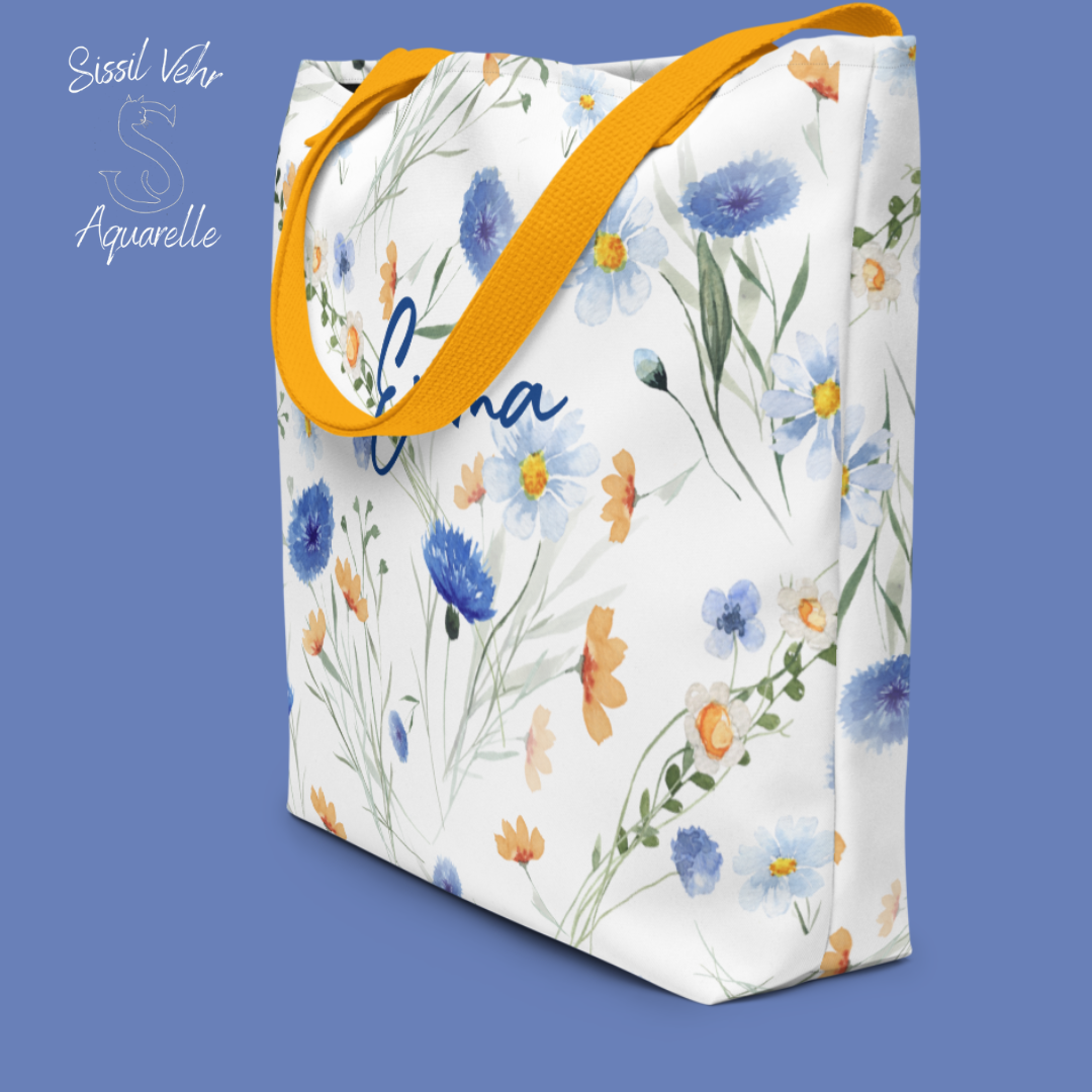 Sac de Plage Personnalisé  |Tote bag large | fleurs et bleuets |Polyester