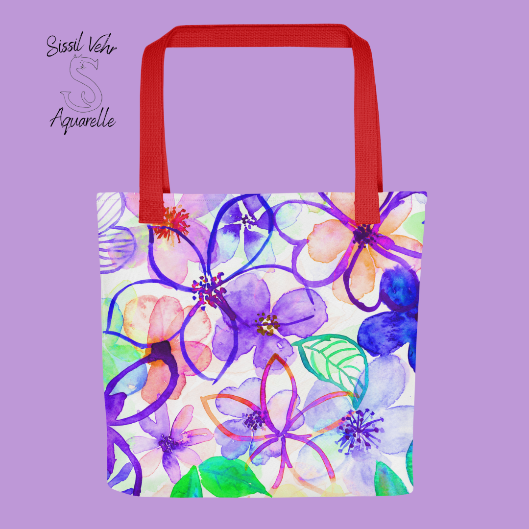 Sac de plage personnalisé /tote bag large,  en polyester - Décor fleurs peintes à l'aquarelle palette violet - rose