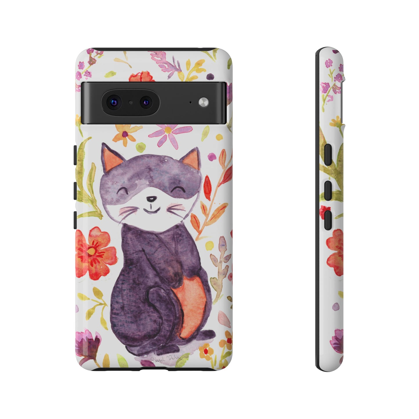 Robust and shock-resistant phone case Watercolor: Floral cat