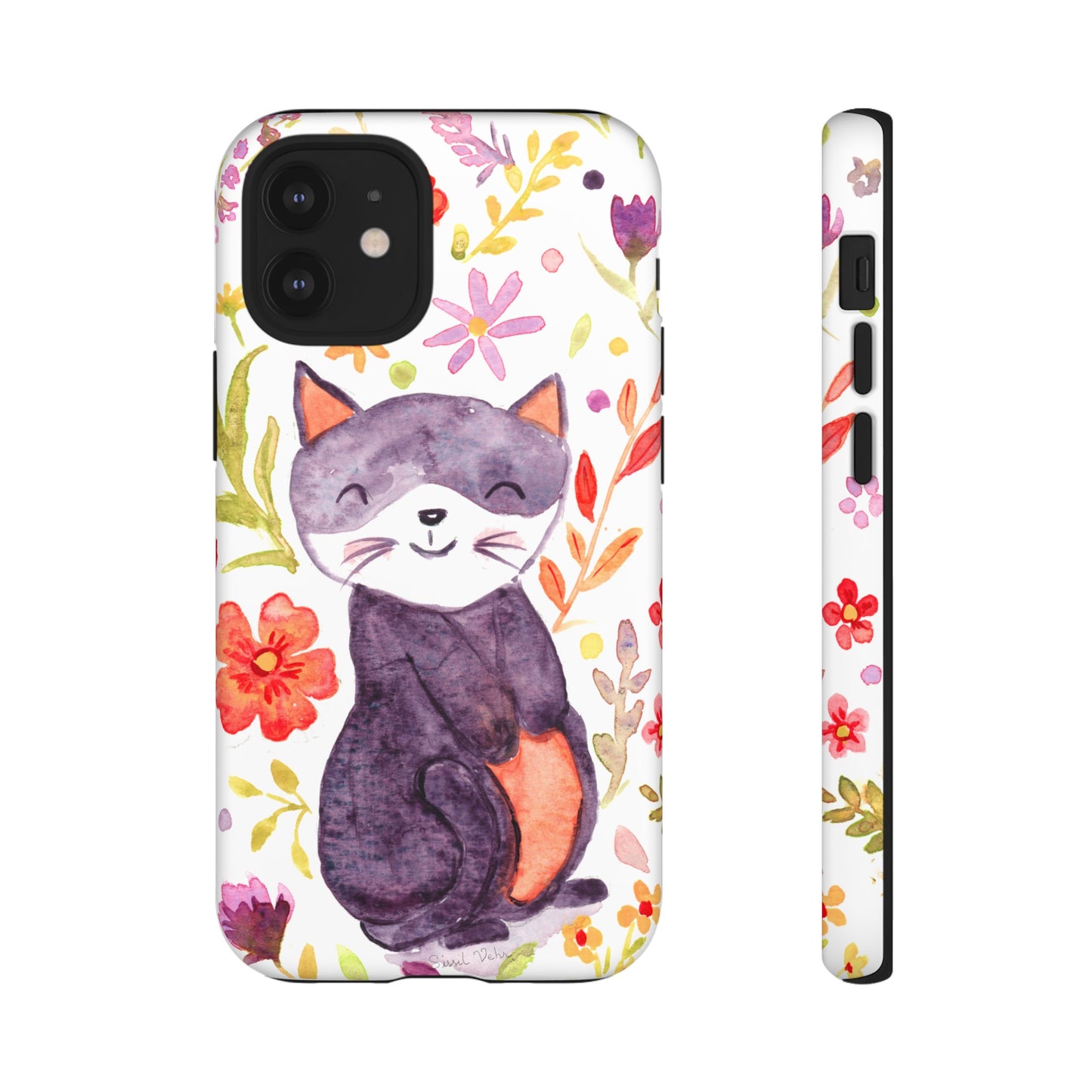 Robust and shock-resistant phone case Watercolor: Floral cat