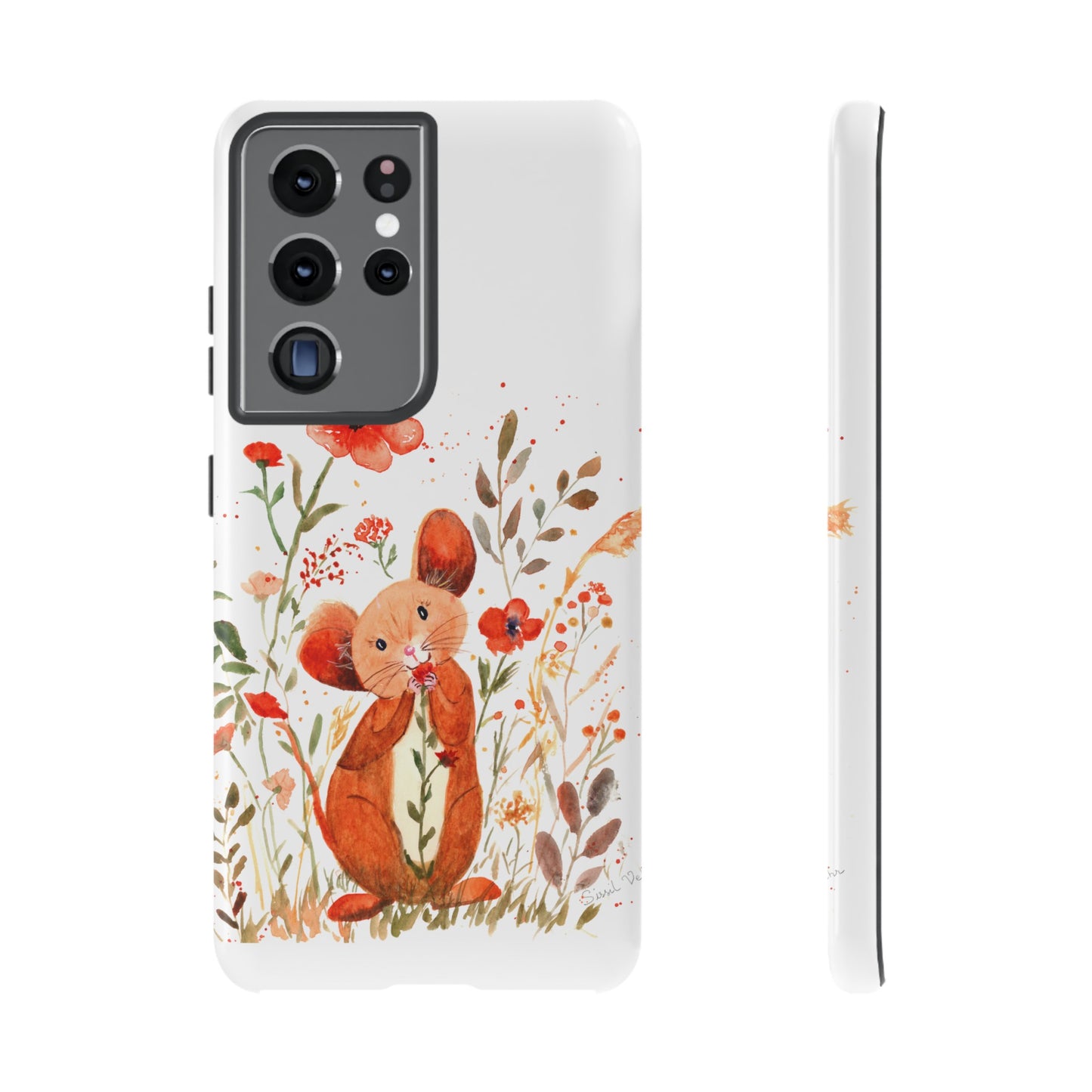 Coque téléphone robuste et résistante aux chocs  : Petite souris au milieu de fleurs