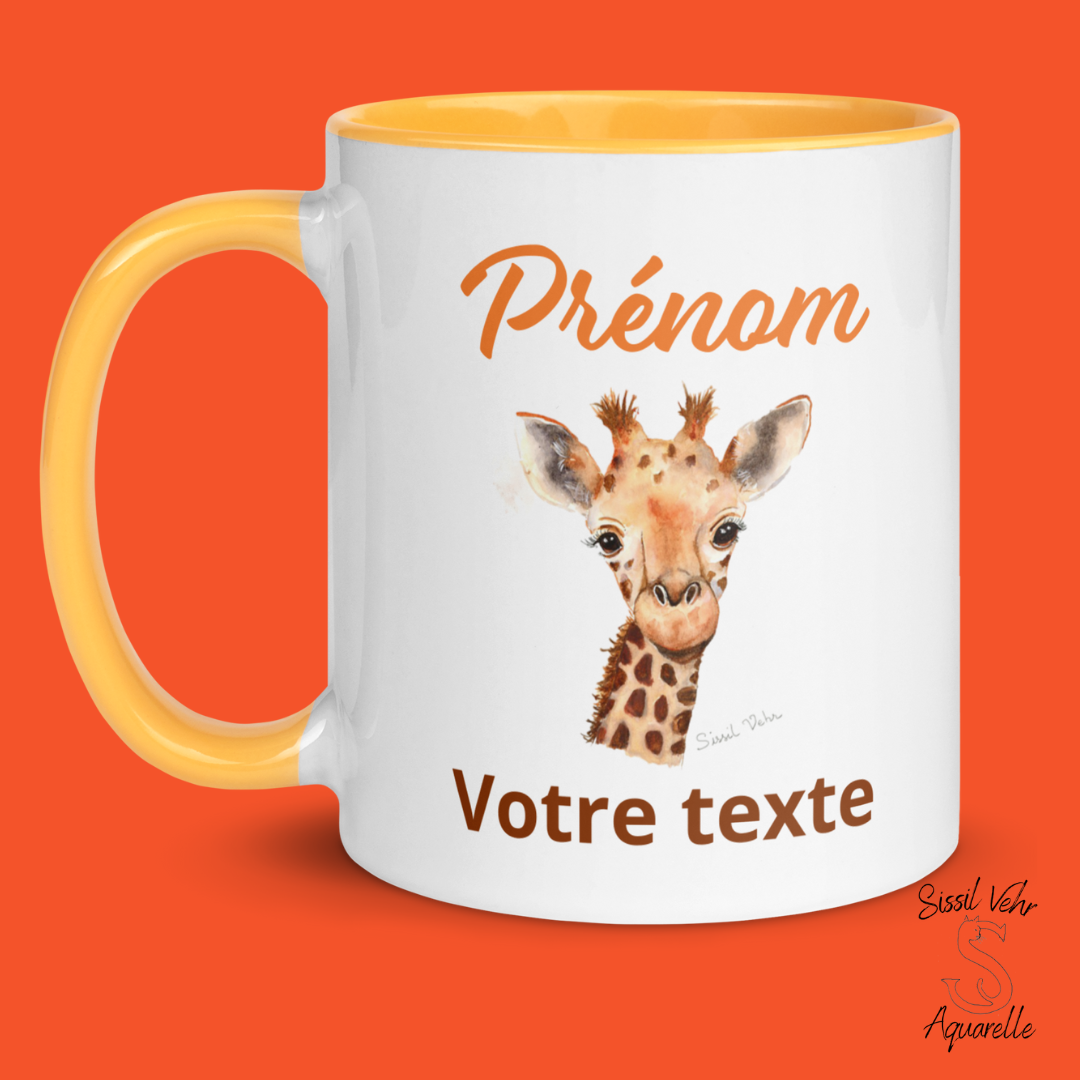 Mug en céramique personnalisé avec girafe peinte à l'aquarelle - Poignée et intérieur colorés - Idéal pour enfant