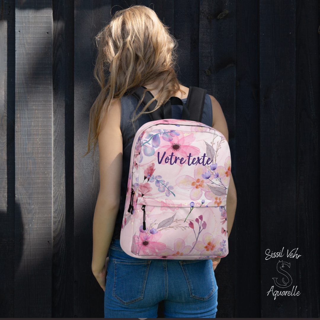 Sac à Dos Personnalisé pour Enfant et Adolescent - Motif Fleurs Aquarelle, Résistant à l'Eau, Prénom Personnalisé