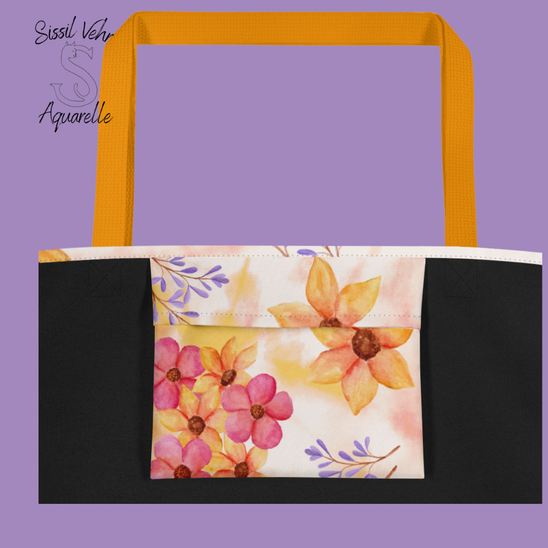 Sac de plage personnalisable en polyester - Grande taille avec impression de fleurs