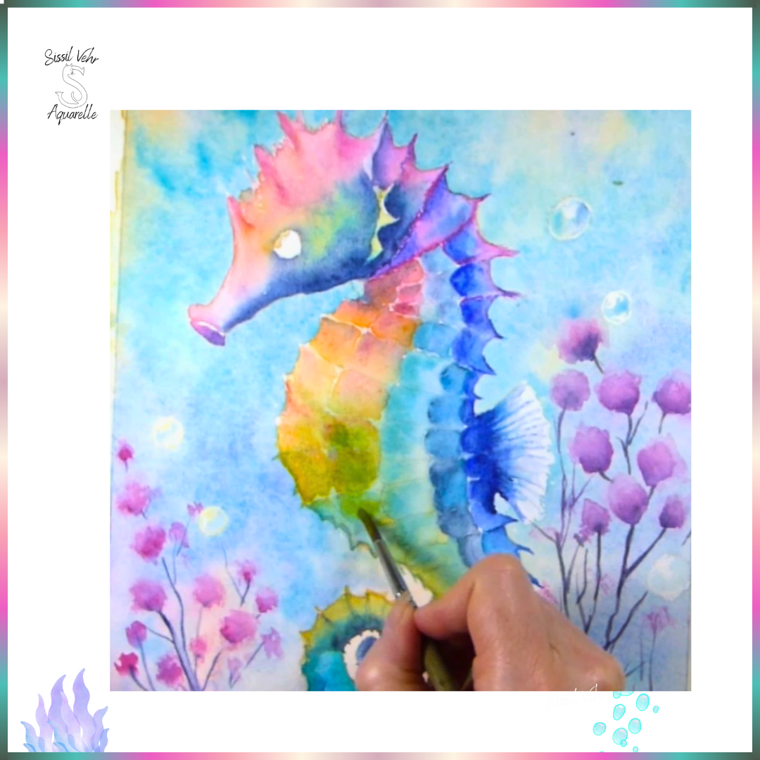 Cours Aquarelle Vidéo Téléchargeable : Peinture d’un Hippocampe Coloré | 4h47mn de Tutoriel + PDF