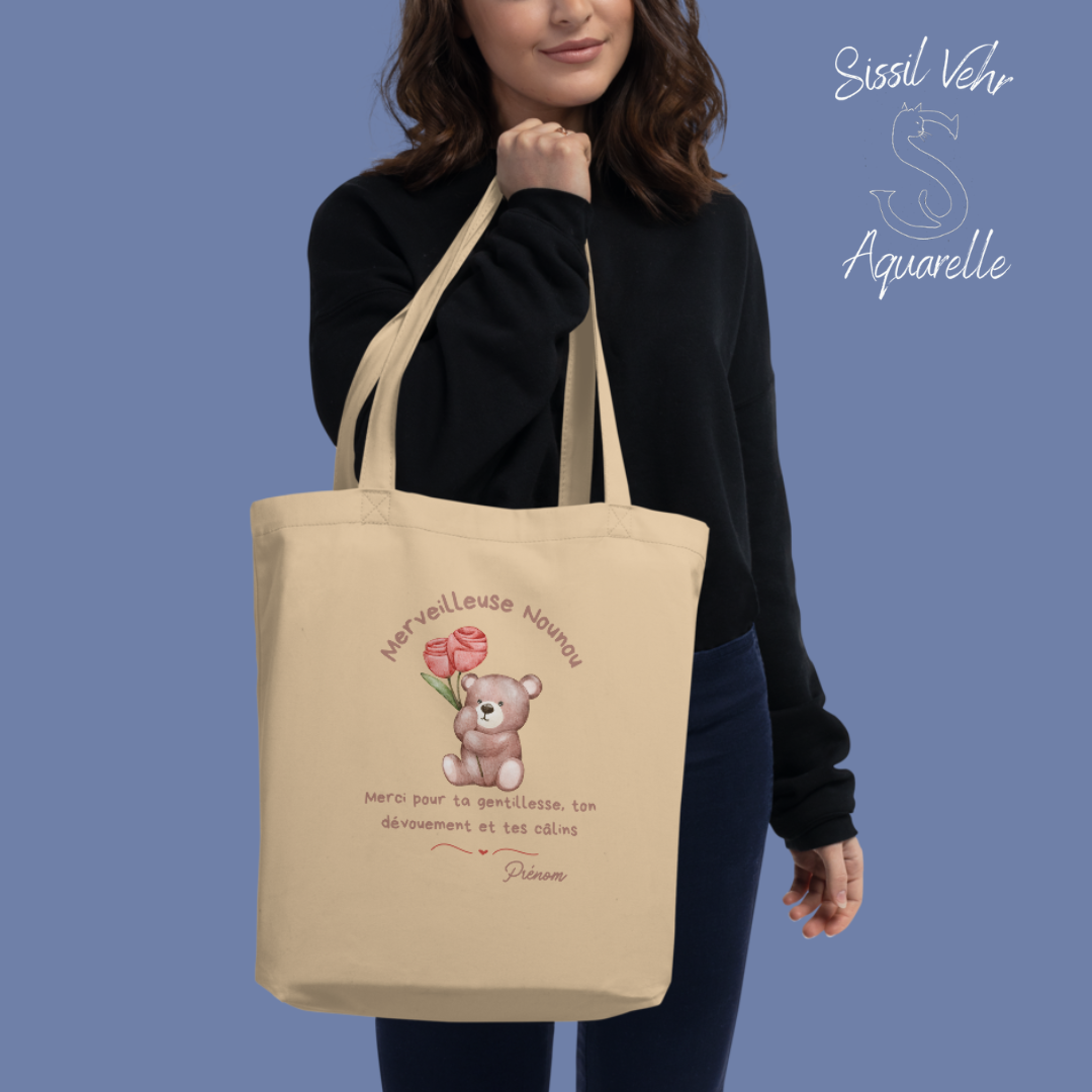 Tote Bag Bio Nounou Personnalisable/ sac merveilleuse nounou/ sac cadeau nounou Petit ourson /sac nounou personnalisé/cadeau nounou