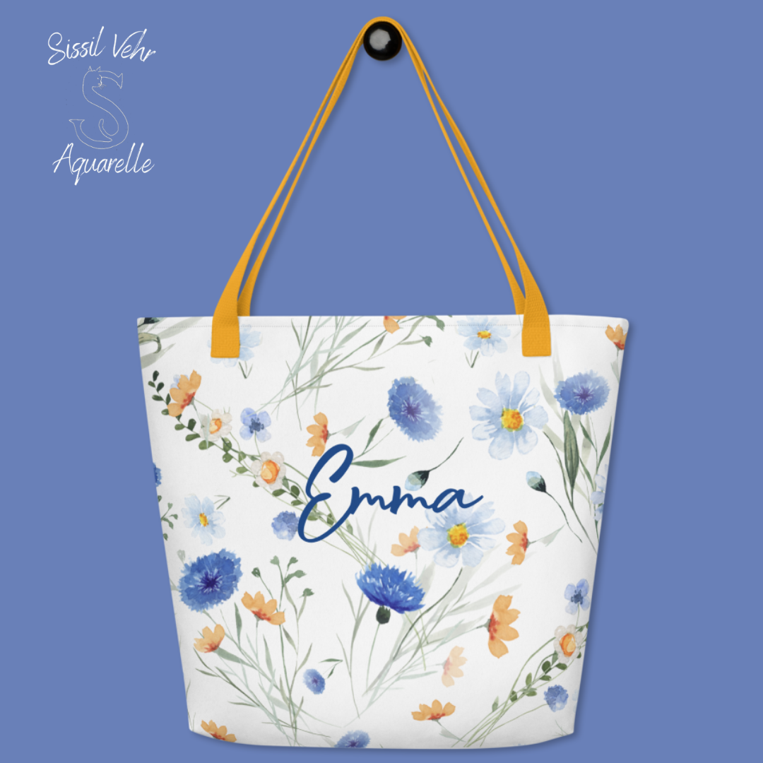 Sac de Plage Personnalisé  |Tote bag large | fleurs et bleuets |Polyester