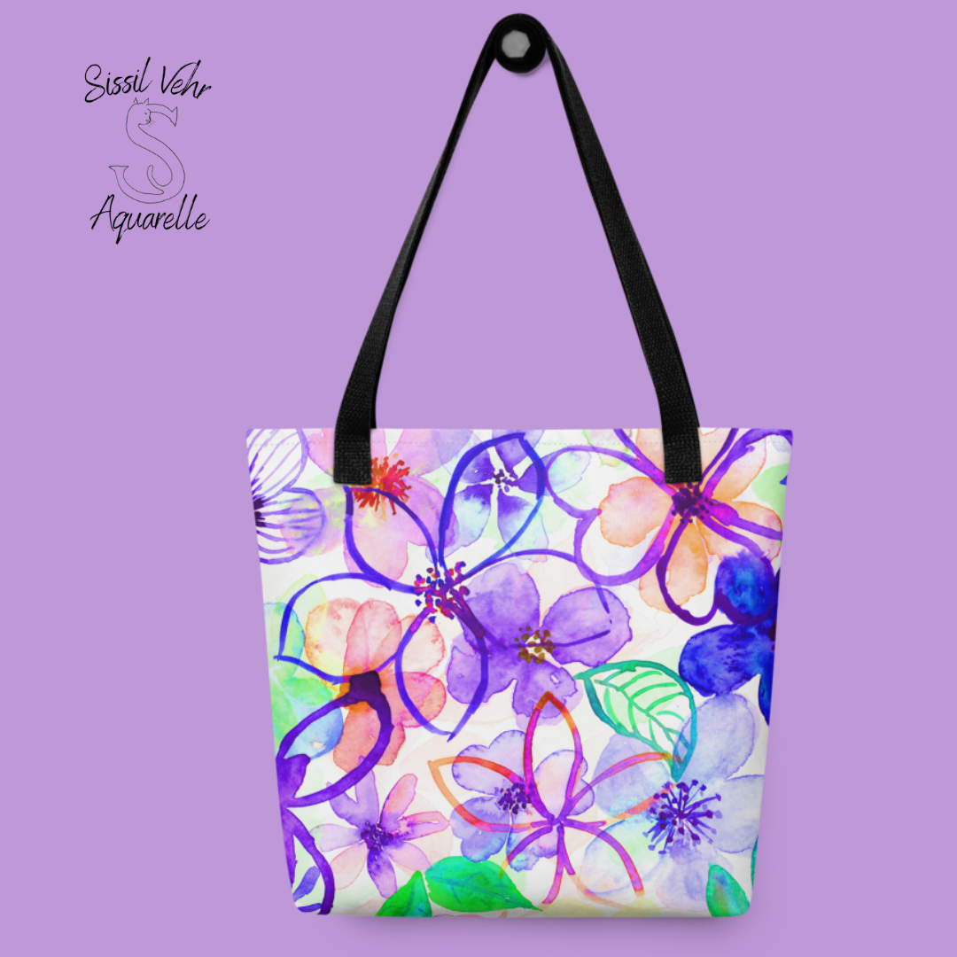 Sac de plage personnalisé /tote bag large,  en polyester - Décor fleurs peintes à l'aquarelle palette violet - rose