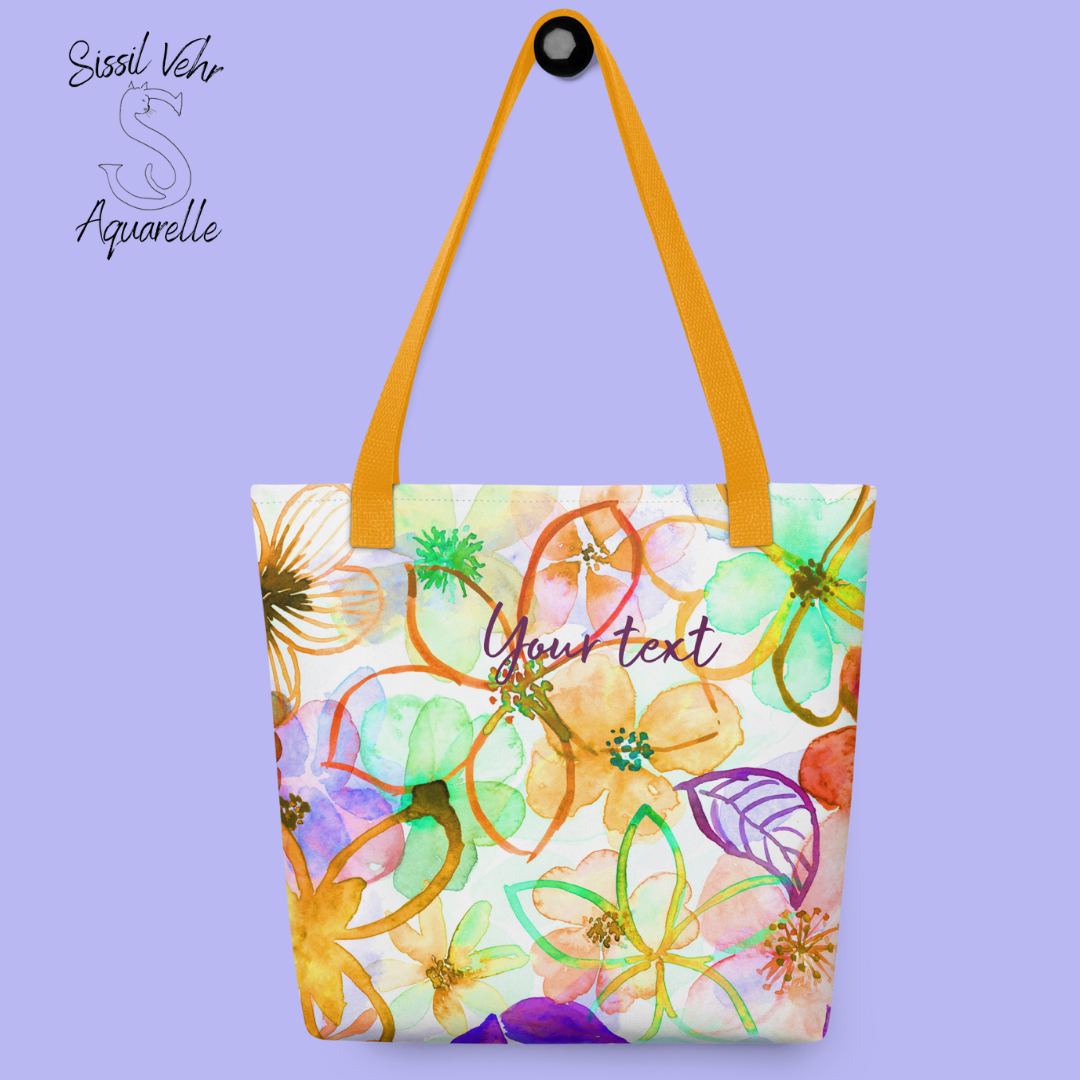 Sac de plage personnalisé grande taille, en polyester - Décor fleurs peintes à l'aquarelle palette orange vert