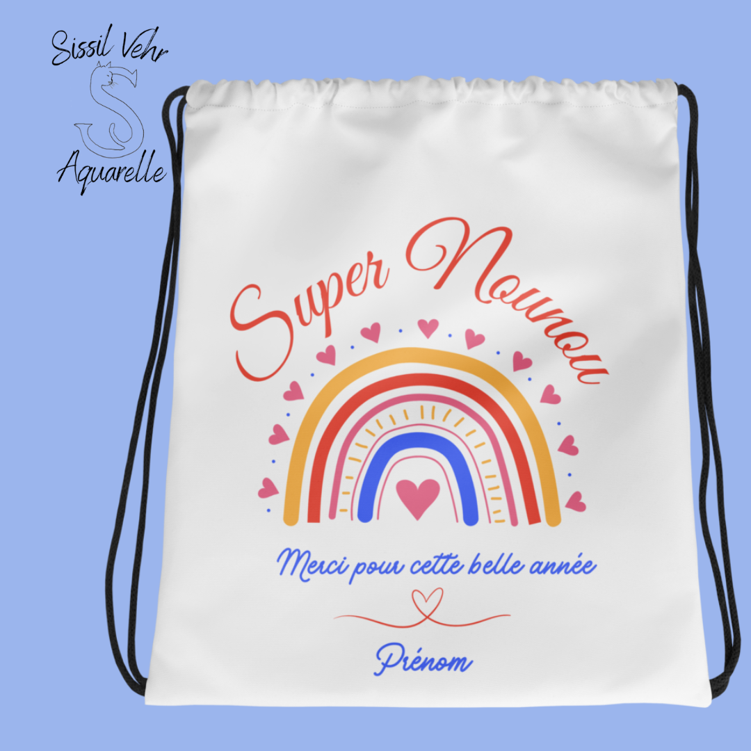 Sac à cordon Nounou Personnalisable/ Super nounou/ cadeau nounou Rainbow /Pochon nounou personnalisé/cadeau nounou