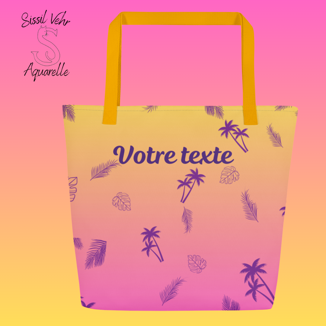 Sac de Plage / Tote Bag Personnalisé - Imprimé Tropical avec Texte au Choix - 1 ou 2 Faces