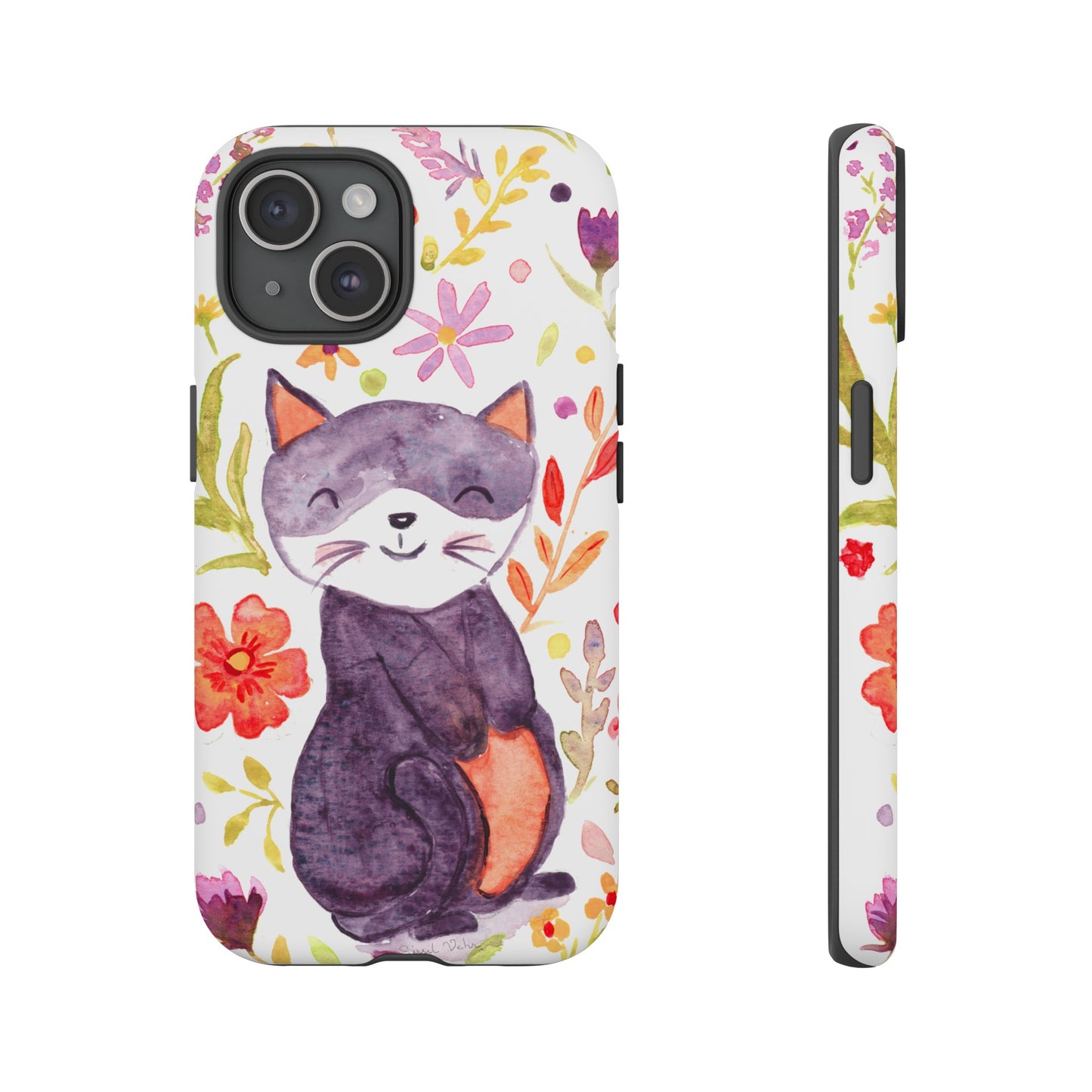 Robust and shock-resistant phone case Watercolor: Floral cat