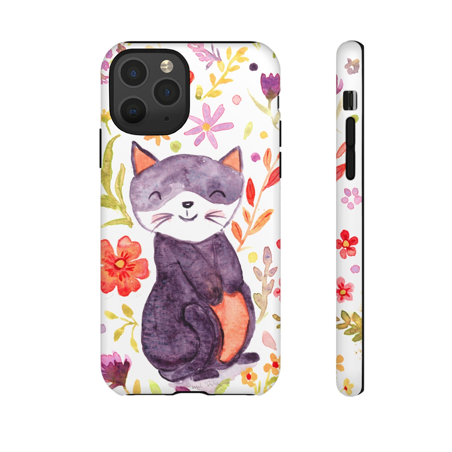 Robust and shock-resistant phone case Watercolor: Floral cat