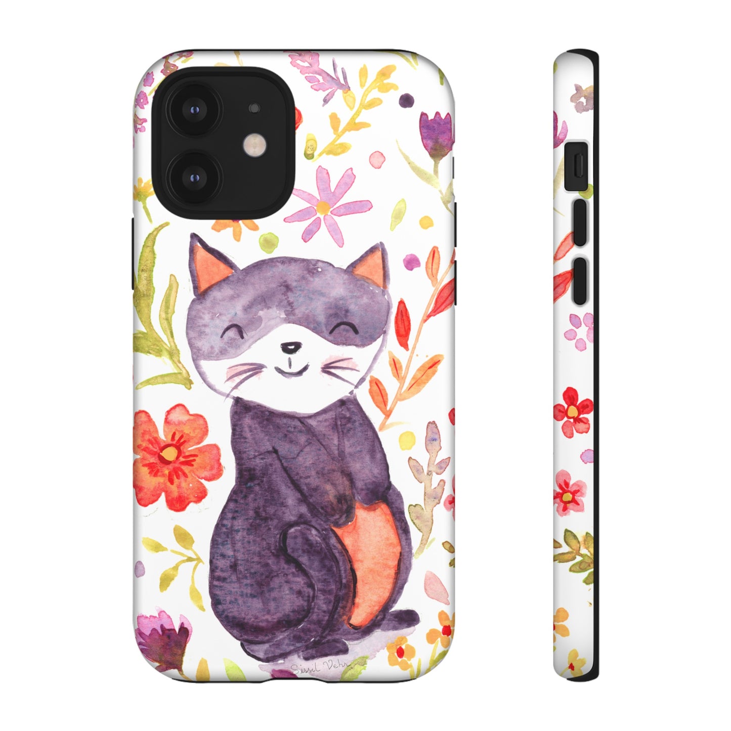 Robust and shock-resistant phone case Watercolor: Floral cat