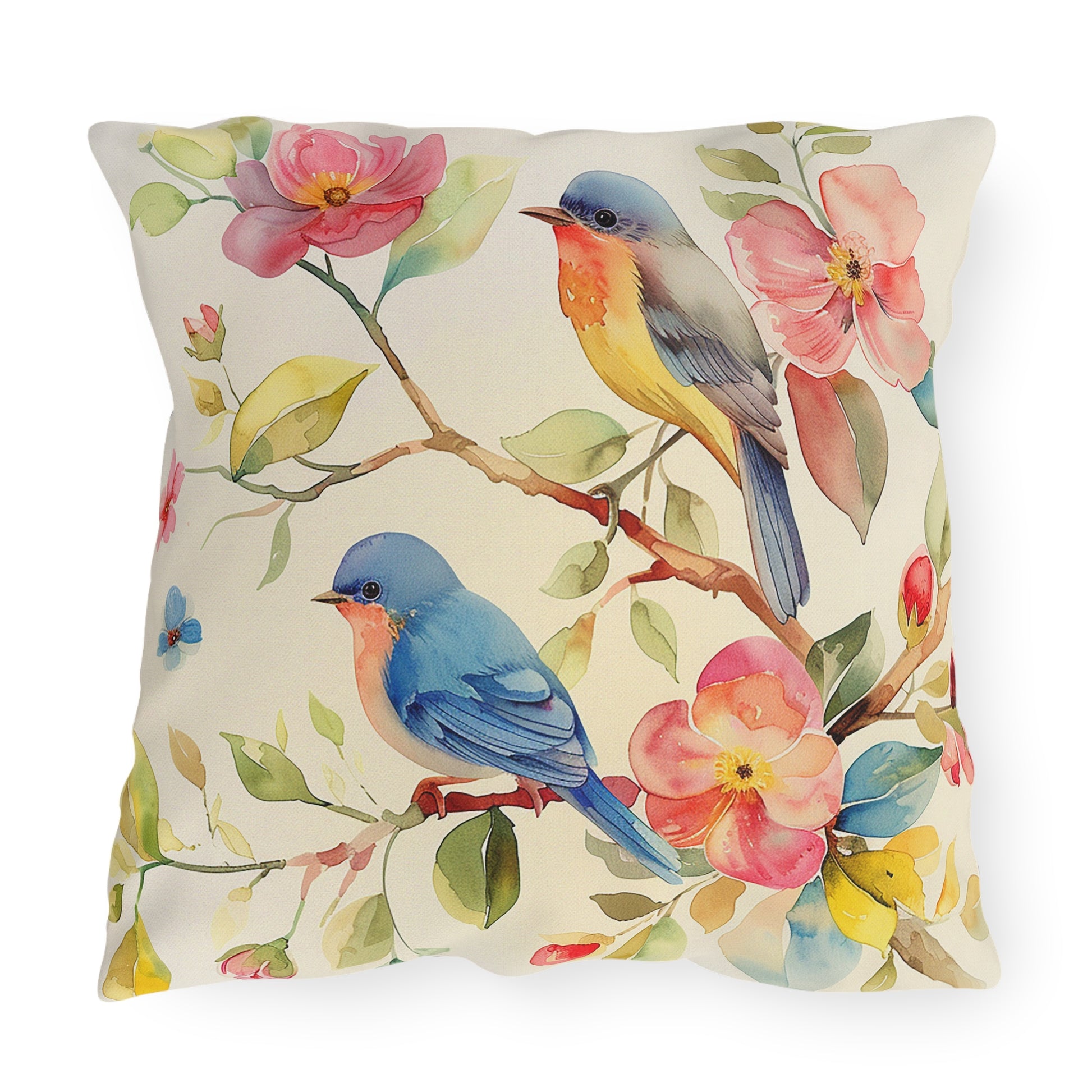 Coussin d'extérieur motif oiseaux et fleurs - Impression d'aquarelle sur tissu résistant aux UV