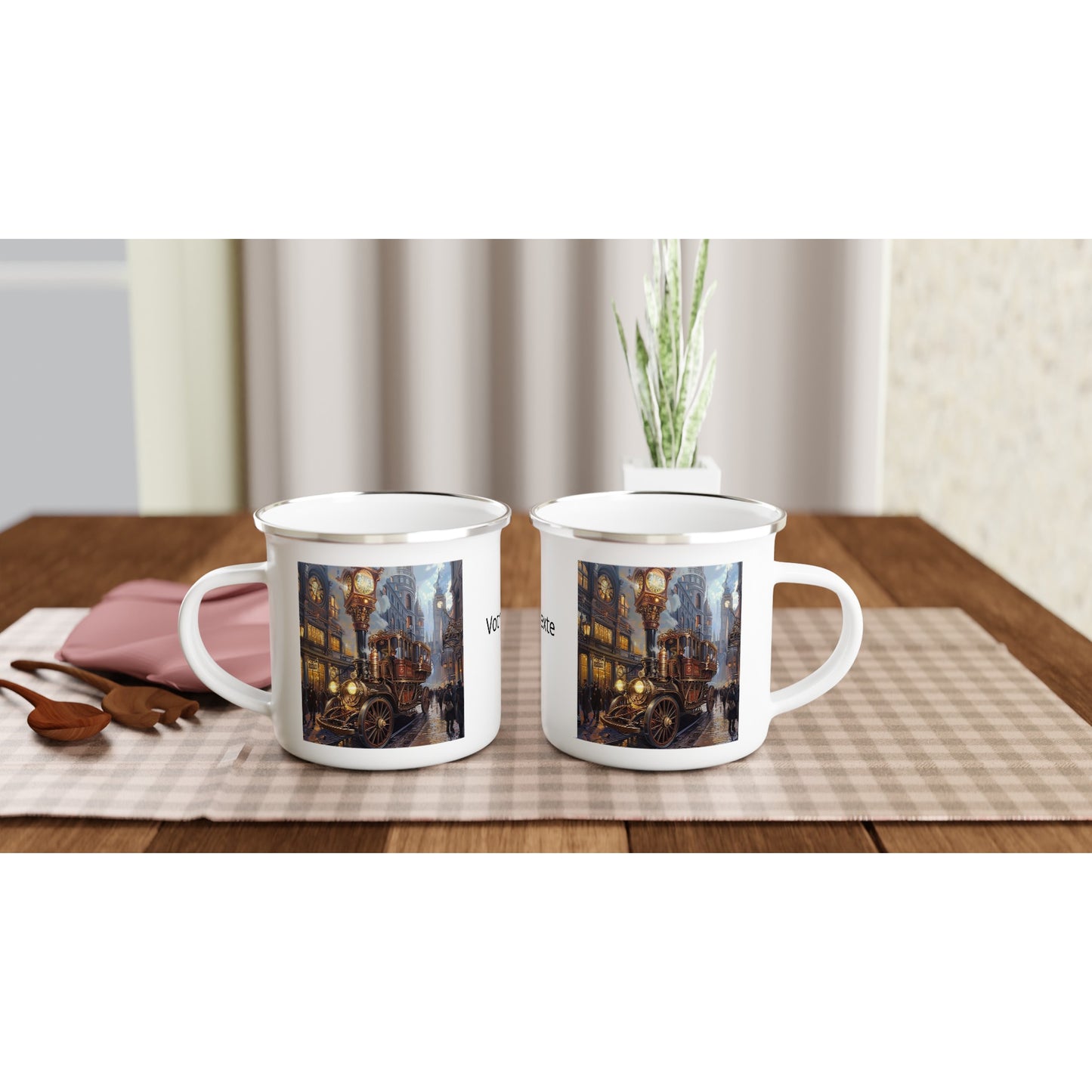 mug camping steampunk avec un véhicule steampunk  et des motifs victoriennes dans les rues de londres  à l époque victorienne. Personnalisable