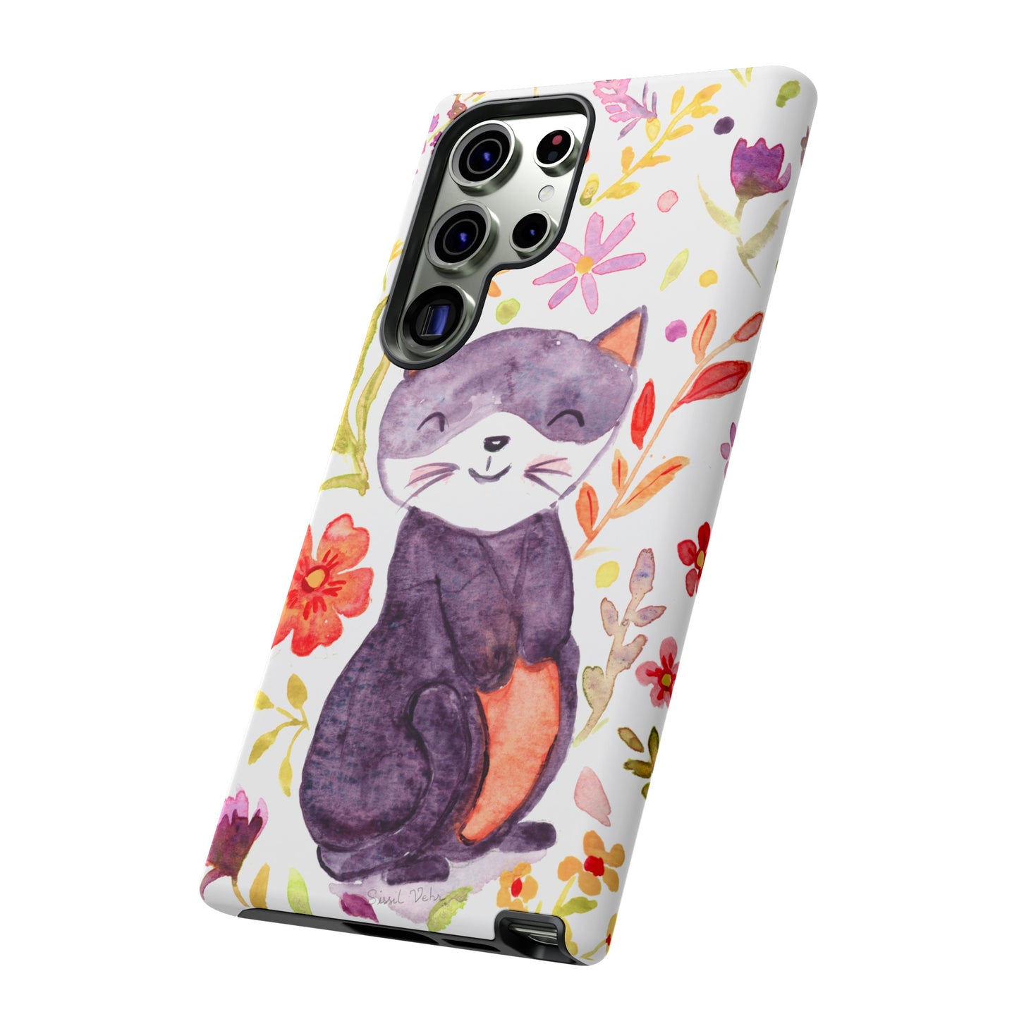 Robust and shock-resistant phone case Watercolor: Floral cat