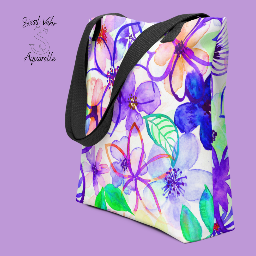 Sac de plage personnalisé /tote bag large,  en polyester - Décor fleurs peintes à l'aquarelle palette violet - rose