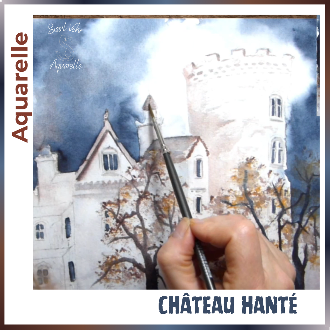 Cours Vidéo Aquarelle  Pas à Pas : Château Hanté |Tutoriel vidéo de 1h37mn - Carnet PDF Inclus |Vidéos d'aquarelle en ligne