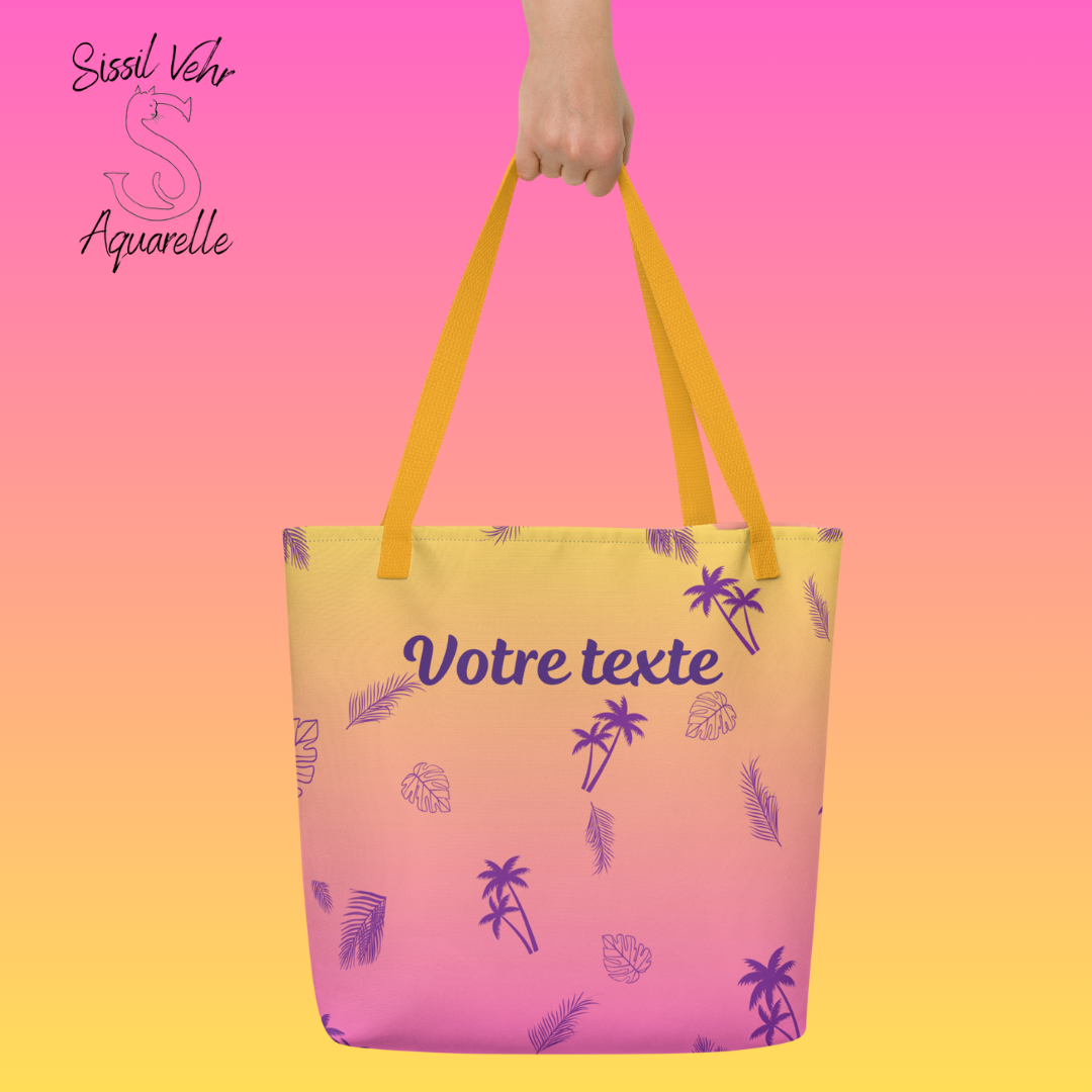 Sac de Plage / Tote Bag Personnalisé - Imprimé Tropical avec Texte au Choix - 1 ou 2 Faces