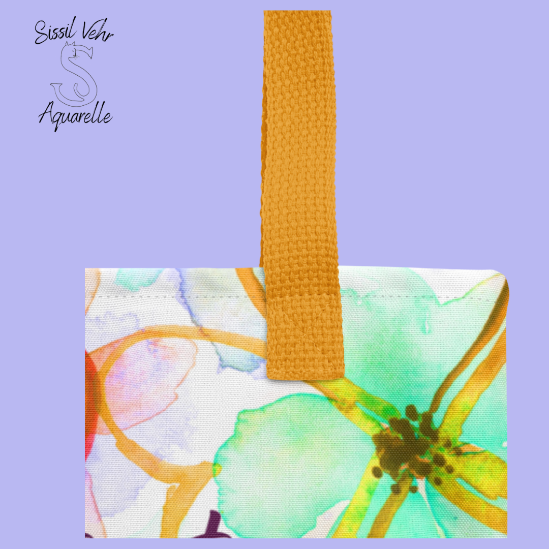 Sac de plage personnalisé grande taille, en polyester - Décor fleurs peintes à l'aquarelle palette orange vert