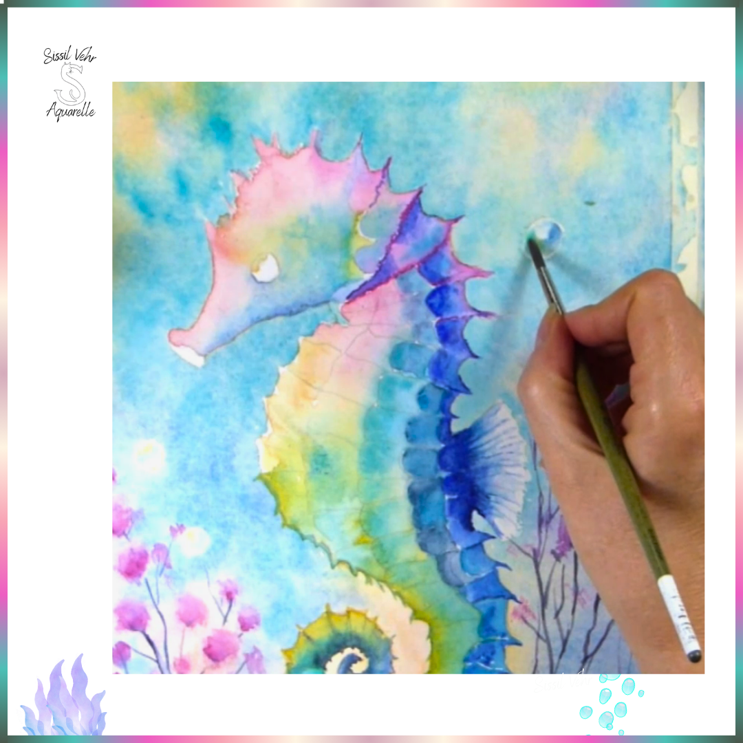 Cours Aquarelle Vidéo Téléchargeable : Peinture d’un Hippocampe Coloré | 4h47mn de Tutoriel + PDF