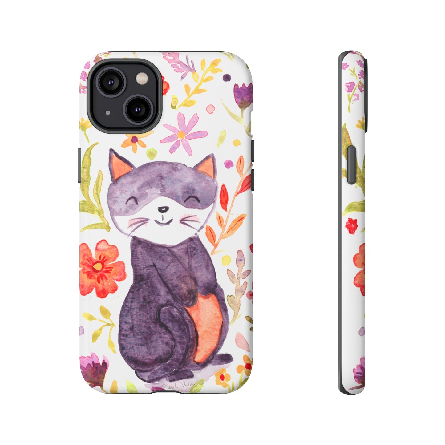 Robust and shock-resistant phone case Watercolor: Floral cat