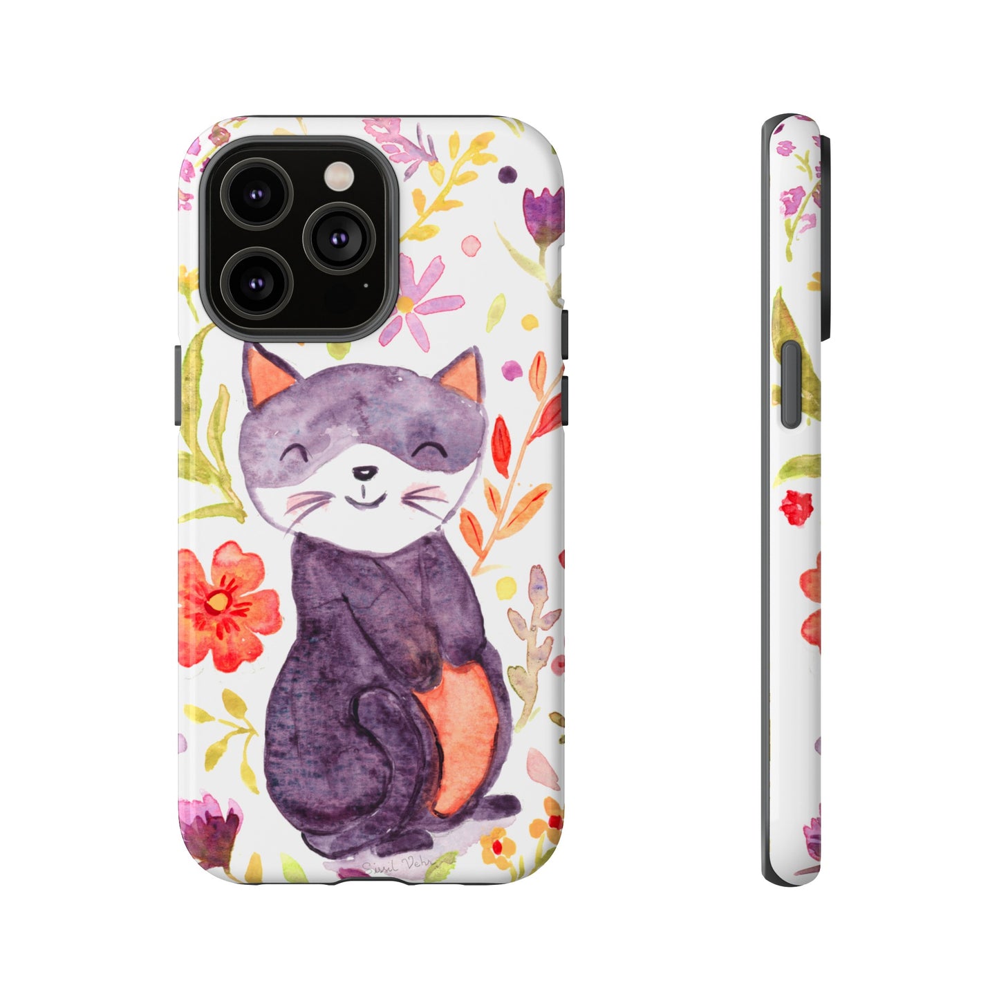 Robust and shock-resistant phone case Watercolor: Floral cat