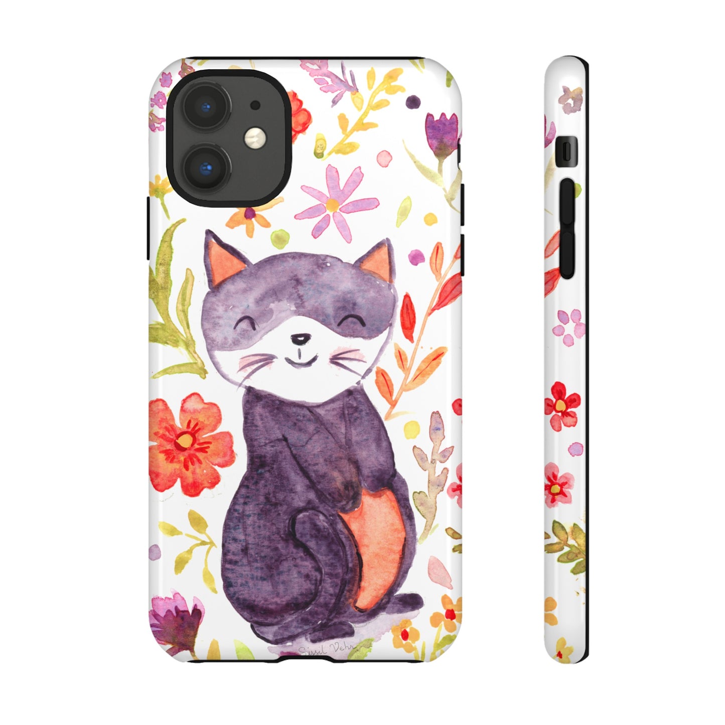 Robust and shock-resistant phone case Watercolor: Floral cat