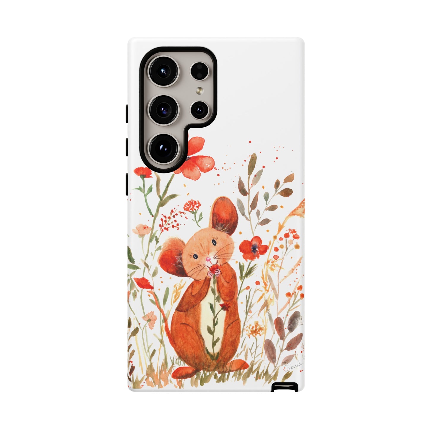 Coque téléphone robuste et résistante aux chocs  : Petite souris au milieu de fleurs