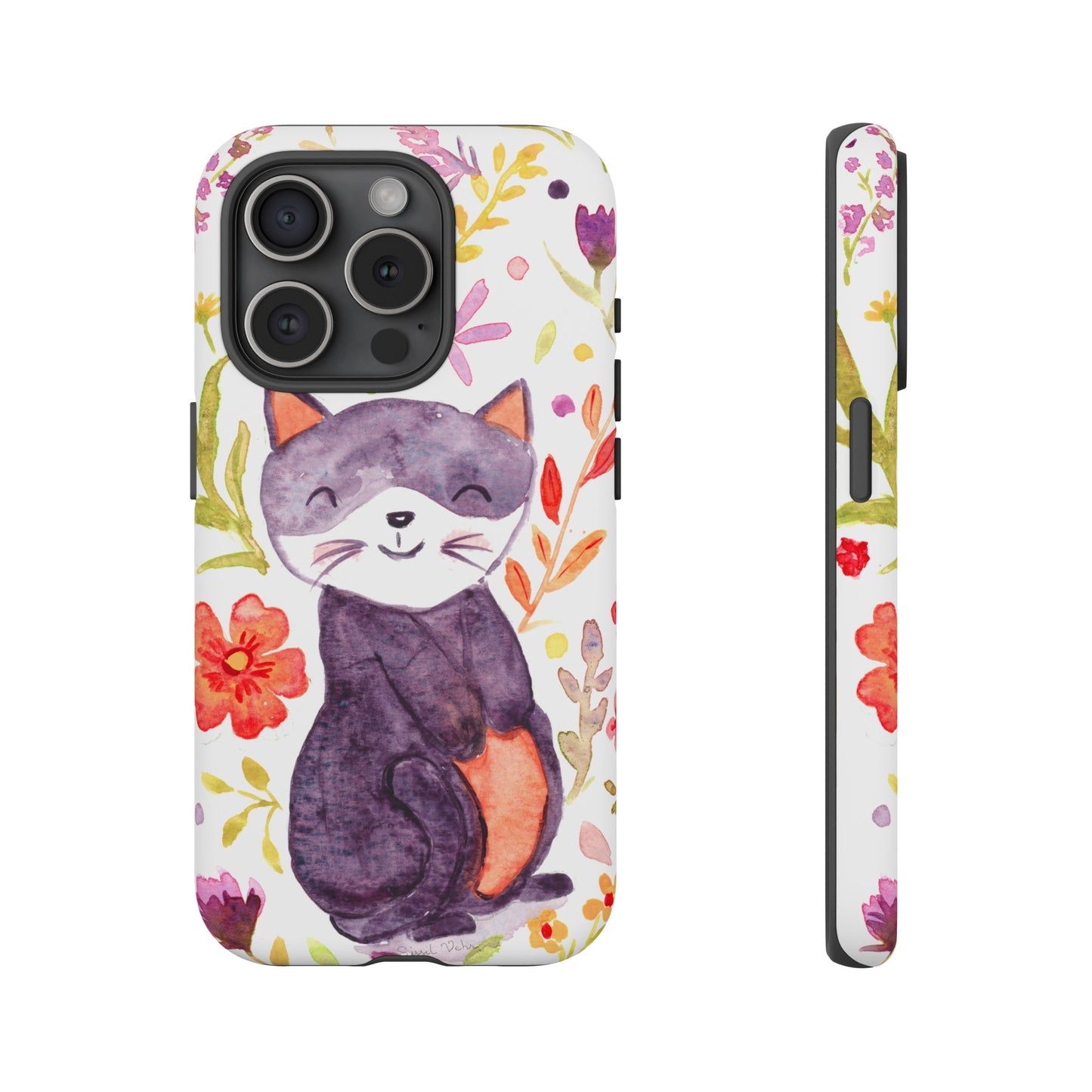 Robust and shock-resistant phone case Watercolor: Floral cat