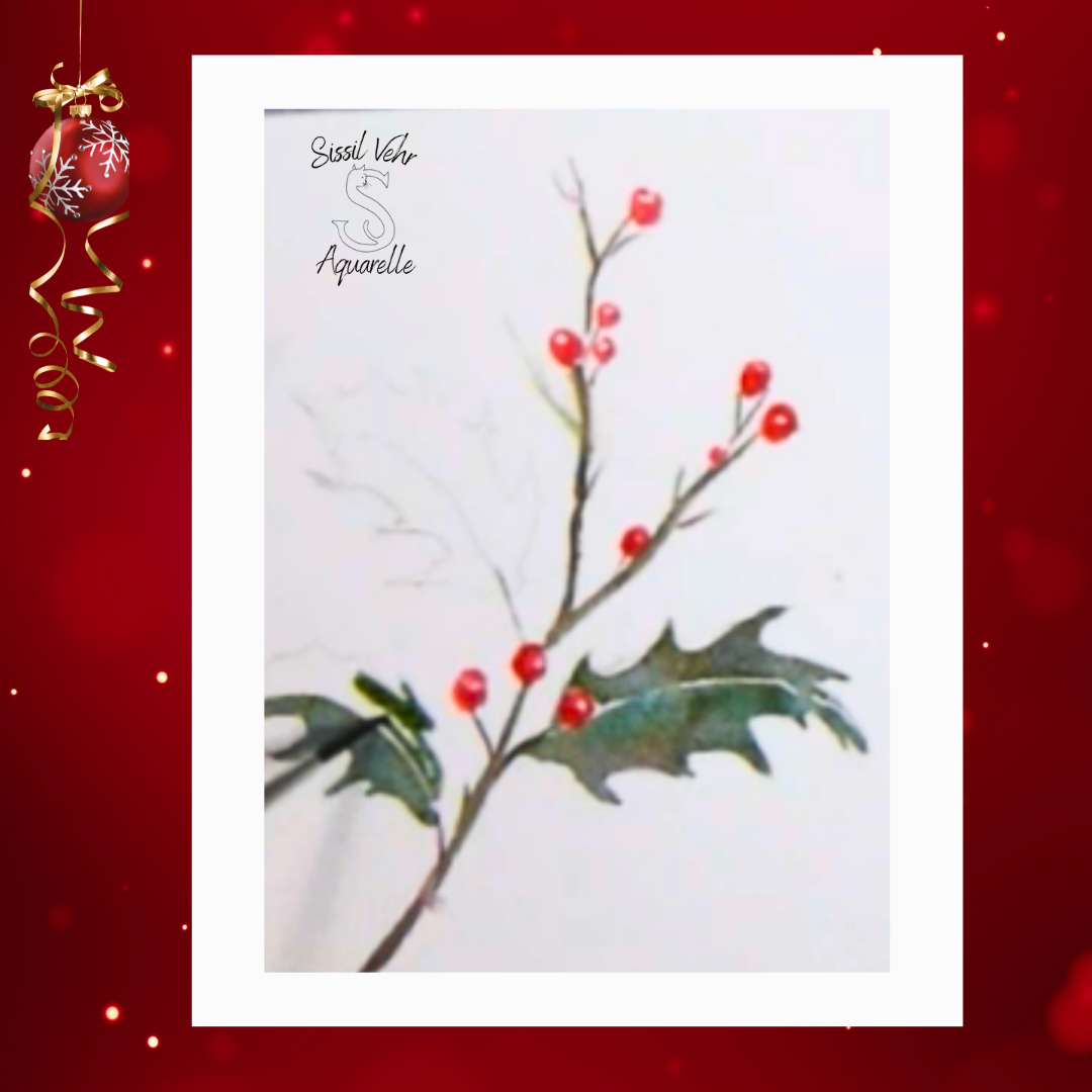 Gros plan de l'aquarelle de houx, mettant en évidence les superpositions de lavis et les baies brillantes.